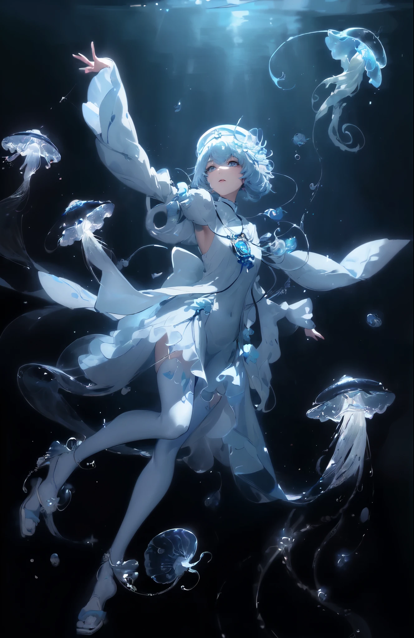 One wearing a white dress、Arafad image of woman wearing white hat, Jellyfish Priestess, Complex and gorgeous anime CGI style, Jellyfish Miko, Popular topics on cgstation, guweiz, Close-up fantasy of water magic, Anime girl walking on water, guweiz style artwork, jelly fish dancing, ethereal fantasy, victorian era,jellyfish elements