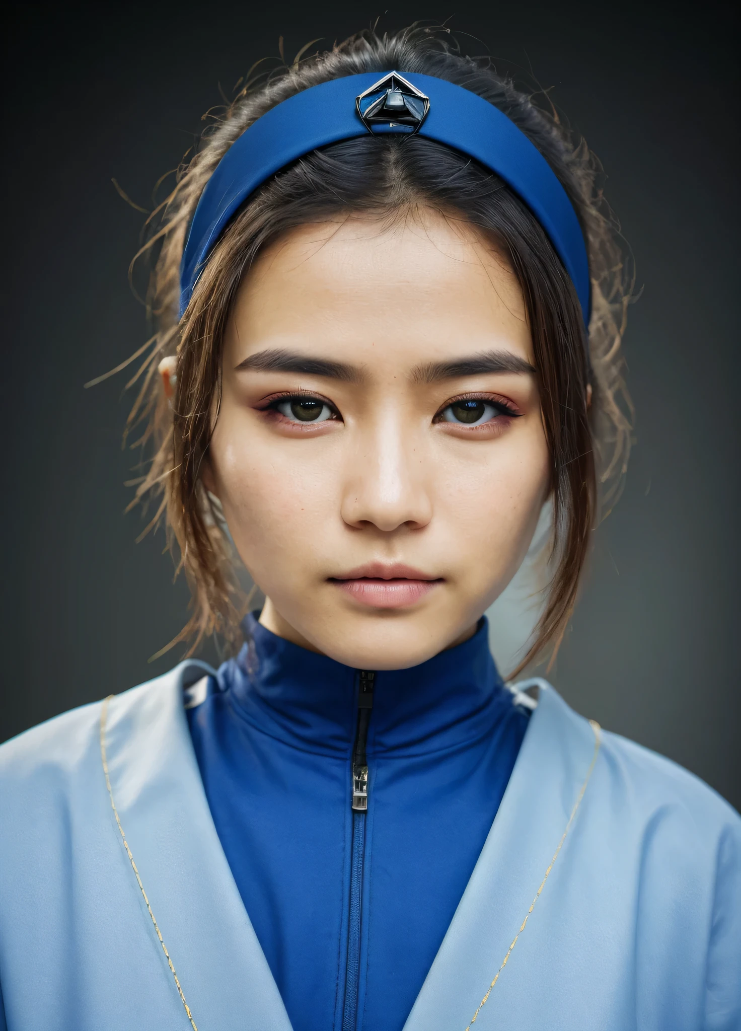 femelle adulte, thaïlandais, futuriste, Science-fiction, manque de sommeil, Fatigué, bandeau en tissu bleu, Yeux détaillés, visage détaillé, Épique (photo, éclairage de studio, Lumière forte, sony a7, 50 millimètres, peau mate, pores, Couleurs, hyperdétaillé, Hyperréaliste),