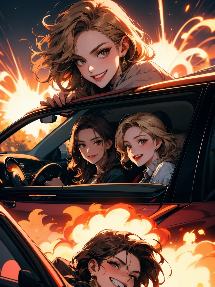 masterpiece, four women, brown hair, blond hair, smirk, grin, laugh, evil, smile, exploding car in the background