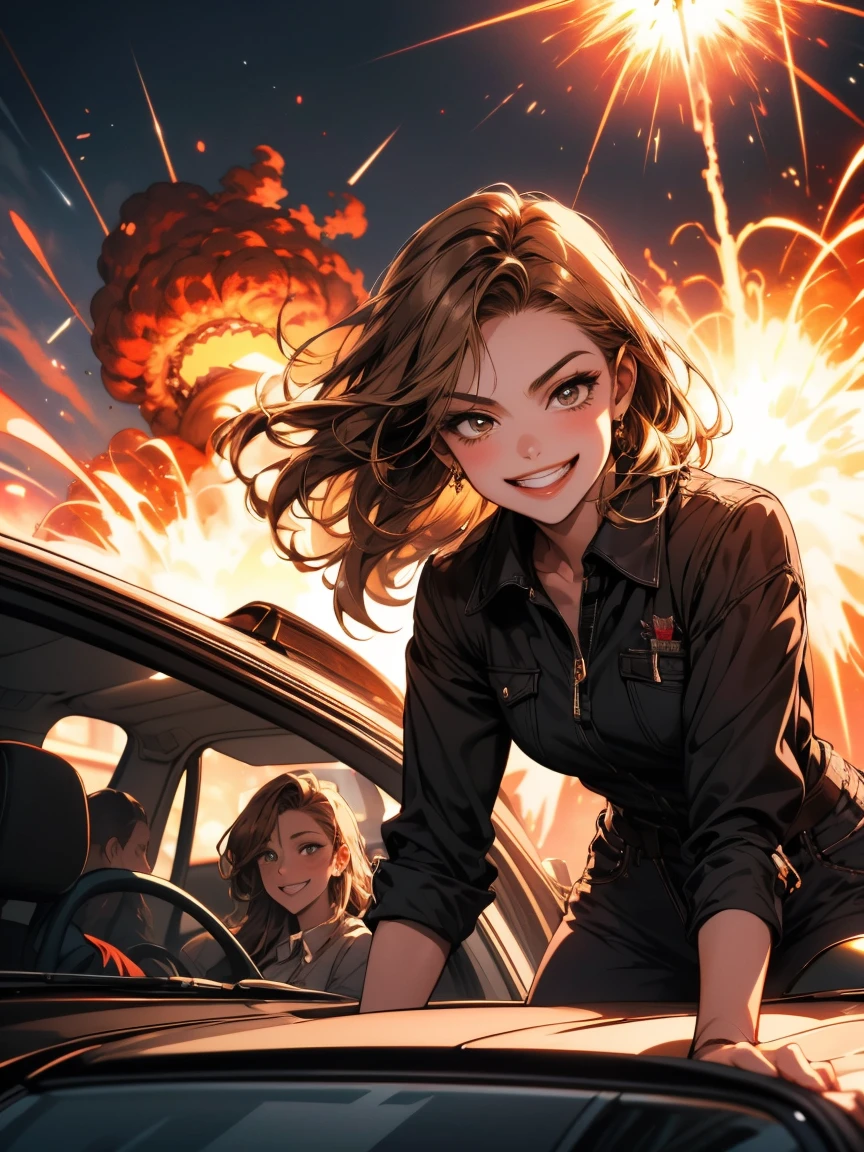 masterpiece, four women, brown hair, blond hair, smirk, grin, laugh, evil, smile, exploding car in the background
