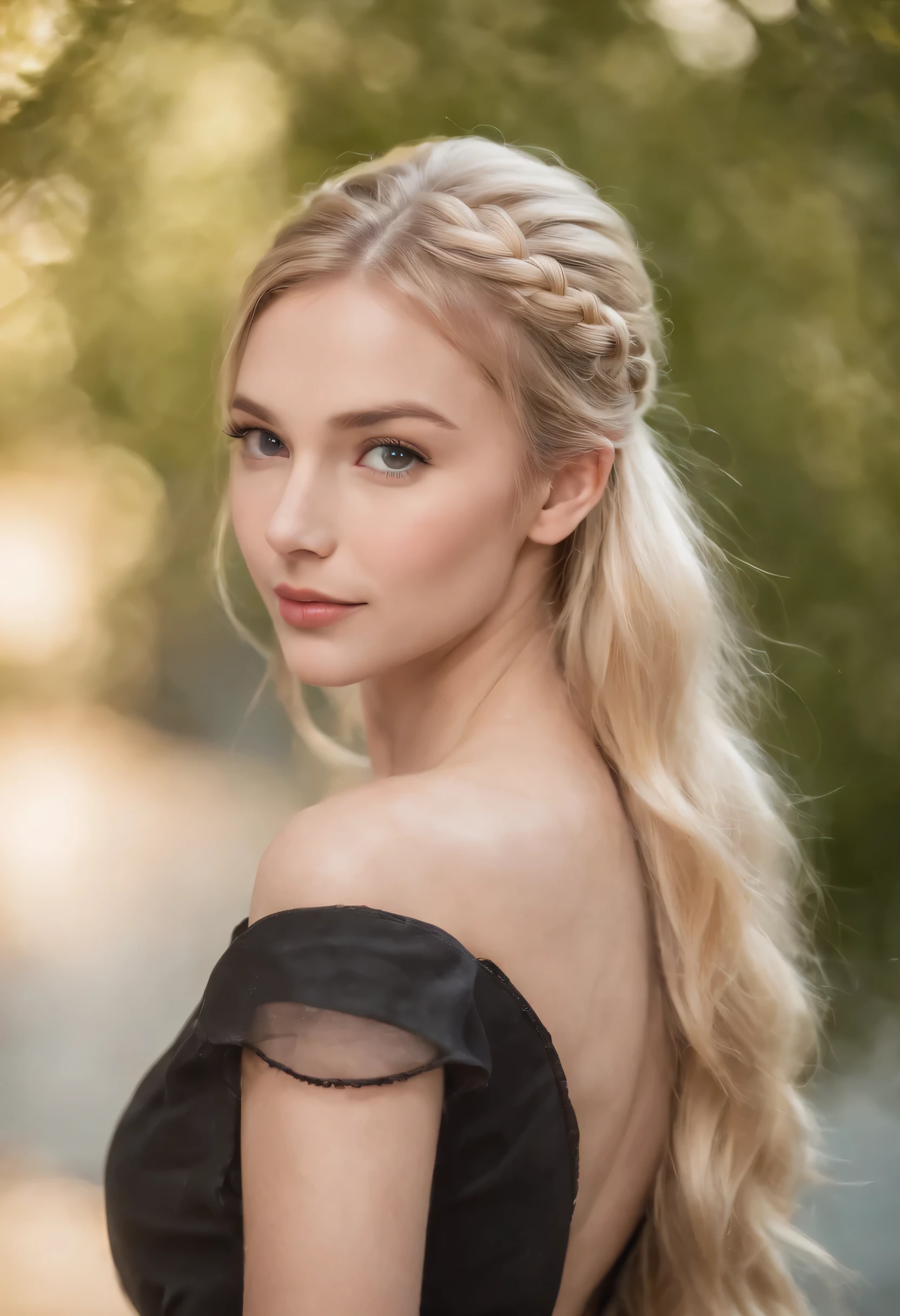 Young beautiful blonde,long hair, Beside, hair tied into ponytail, por outro lado, have a braid, Posing for photos, looks straight, cyan eyes, overall height, attractive facial features, looks like a living woman, Age 22 years old, young girls, overall height, black skirt, black leggings, beautiful portrait images