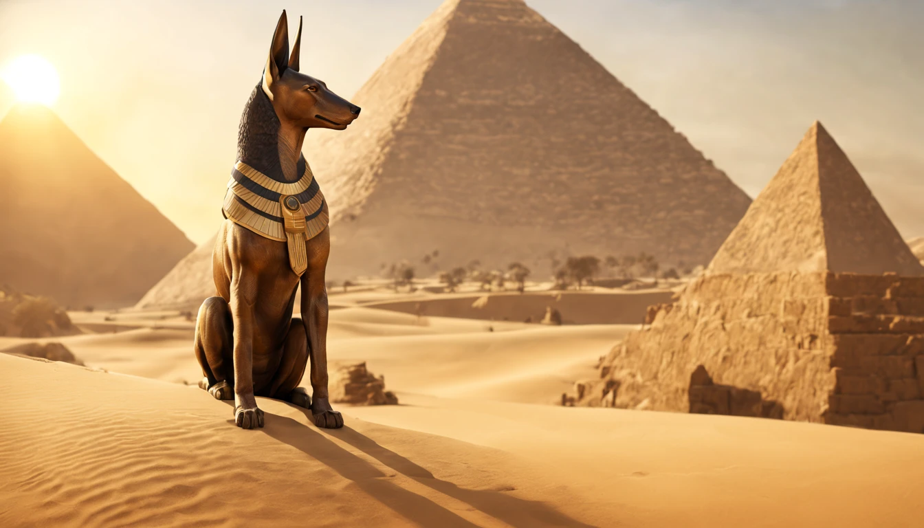(best quality,4k,8k,highres,masterpiece:1.2),ultra-detailed,(realistic,photorealistic,photo-realistic:1.37),sand,desert,ancient,stone pyramids,golden sunset,mythology,Egyptian god,Anubis statues,tall and majestic pyramids,Anubis with a jackal head,worshiped figure,historical,monumental,detailed carvings,egyptian hieroglyphics,mysterious atmosphere,golden rays of sunlight,treasure hunter,adventure