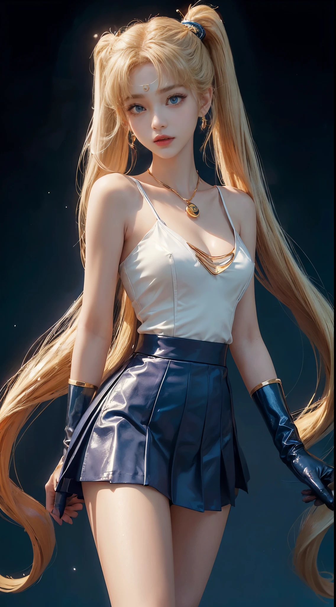 NSFW,table top、full:1.3、stand、8k、。.3D、realistic、super micro photography、highest quality、Wallpapers with extreme details CG Unity 8k、from below、intricate details、(1 female)、28 years old、(sailor moon:1.6 Super Bishoujo Senshi sailor moon Mer1、Meisha Onfu,Tierra、sailor warrior uniform Sailor:1.5、sailor moon:1.5,Eternal sailor moon)、(Incredibly long and bright blonde twintails:1.4、thin and very long straight twin tail blonde, bun hair、Red round hair ornament for hair bun)、((sailor warrior uniform、blue color,blue sailor collar,blue pregate mini skirt:1.5、Glossy blue pleated mini skirt:1.3、very large red ribbon on the chest,,,,,、white long latex gloves,red gloves on the elbows、A gorgeous golden tiara on the forehead、Ear Nipple Ring,luxury golden jewelry))、Extremely thin and fitted high gloss white holographic leather、High-gloss white latex high-leg swimsuit that shines like oil,(facial details:1.5、bright blue eyes、Beautifull expression、beautidfull eyes、iris outline, shining eyes、thin唇:1.5、thin and sharp pale eyebrows,、long and thick eyelashes、double eyelashes、thin, thin and muscular,,,、small face、tall and big breasts、perfect proportions、big breasts thin waist、sexy model posing、dynamic pose,visible pores、enchanting smile、perfect hands:1.5、octane rendering、very dramatic picture、(moonの神性,space background、moon明かりの光線、moon、dynamic background、exquisite light and shadow、dynamic angle、detailed background),strong natural light、sunlight、Digital single-lens reflex camera、sharp focus: 1.0、maximum clarity and sharpness