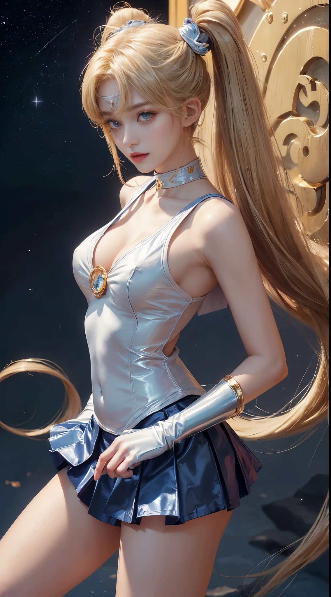 NSFW,table top、full:1.3、stand、8k、。.3D、realistic、super micro photography、highest quality、Wallpapers with extreme details CG Unity 8k、from below、intricate details、(1 female)、28 years old、(sailor moon:1.6 Super Bishoujo Senshi sailor moon Mer1、Meisha Onfu,Tierra、sailor warrior uniform Sailor:1.5、sailor moon:1.5,Eternal sailor moon)、(Incredibly long and bright blonde twintails:1.4、thin and very long straight twin tail blonde, bun hair、Red round hair ornament for hair bun)、((sailor warrior uniform、blue color,blue sailor collar,blue pregate mini skirt:1.5、Glossy blue pleated mini skirt:1.3、very large red ribbon on the chest,,,,,、white long latex gloves,red gloves on the elbows、A gorgeous golden tiara on the forehead、Ear Nipple Ring,luxury golden jewelry))、Extremely thin and fitted high gloss white holographic leather、High-gloss white latex high-leg swimsuit that shines like oil,(facial details:1.5、bright blue eyes、Beautifull expression、beautidfull eyes、iris outline, shining eyes、thin唇:1.5、thin and sharp pale eyebrows,、long and thick eyelashes、double eyelashes、thin, thin and muscular,,,、small face、tall and big breasts、perfect proportions、big breasts thin waist、sexy model posing、dynamic pose,visible pores、enchanting smile、perfect hands:1.5、octane rendering、very dramatic picture、(moonの神性,space background、moon明かりの光線、moon、dynamic background、exquisite light and shadow、dynamic angle、detailed background),strong natural light、sunlight、Digital single-lens reflex camera、sharp focus: 1.0、maximum clarity and sharpness
