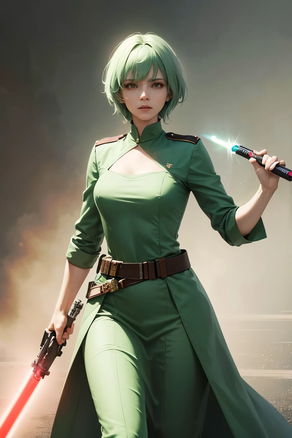 A beautiful woman. Seventeen. Light green hair. She is wearing a combat uniform that is based on red. He holds a light saber in one hand. He has a serious expression on his face.