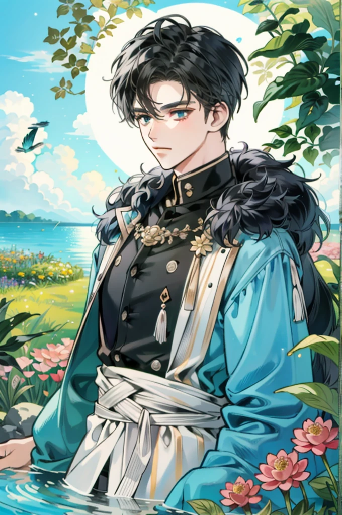 (masterpiece:1.2, highest quality), (real picture, intricate details), (1 female, alone, Upper body:1.2), big breasts colorful garden, Flowers of all shapes and sizes bloom. The air is thick with the sweet scent of roses and jasmine.. A small pond sparkles in the sunlight, The surface is dotted with water lily leaves.. far away, A pair of peacocks are strutting around, their feathers shine in the sun. Bees buzz around, pollinate flowers、Add vibrant energy to the scene