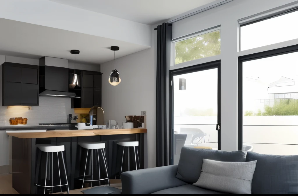 um ambiente integrado entre cozinha, gourmet area and living room with industrial-style décor
