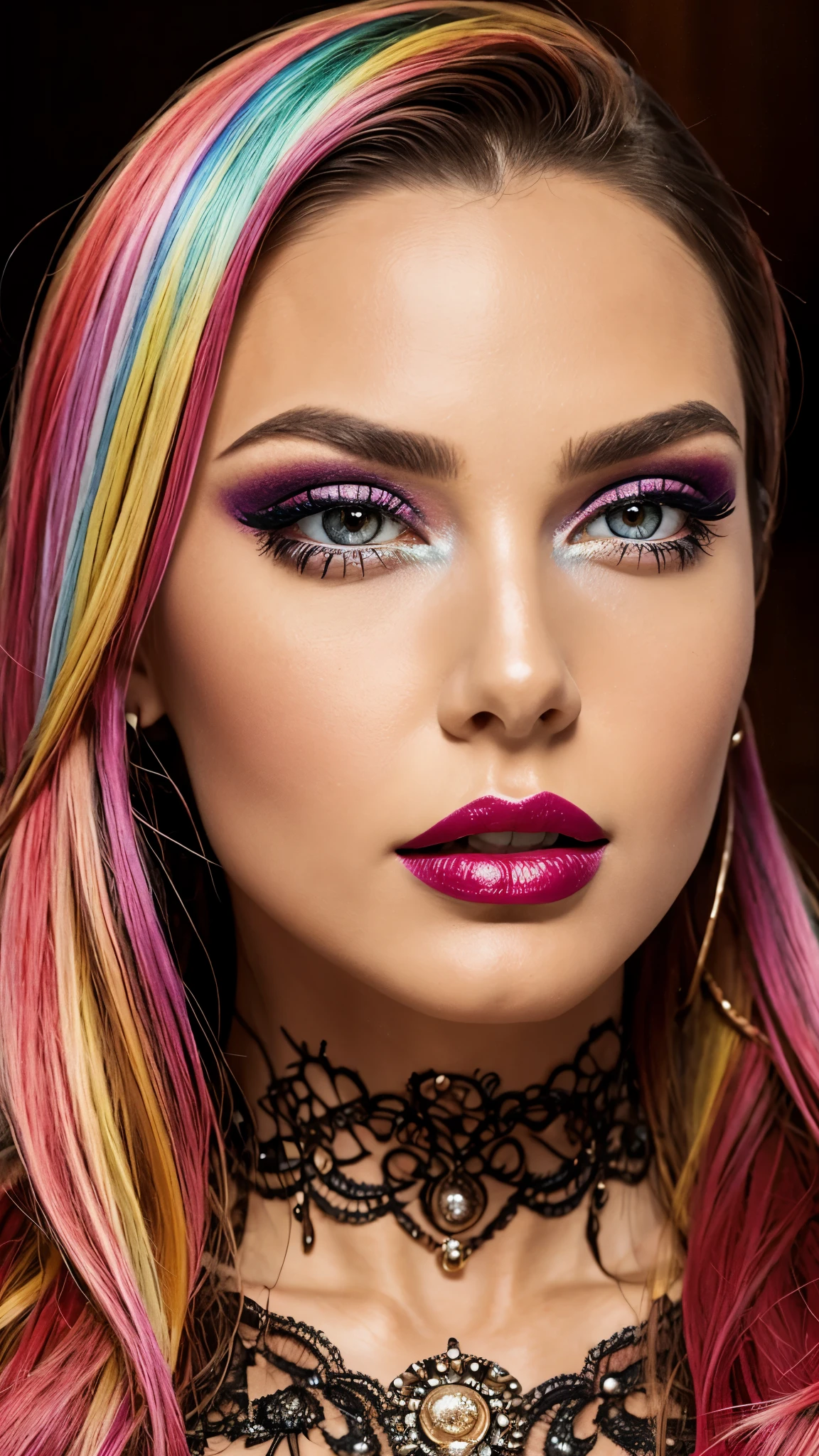 colorful make-up, colorful lipstick, colorful hair, Detailed Face, Detailed Lips, Detailed Eyes, 