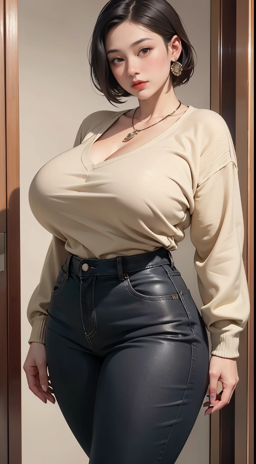 photorealistic, high resolution, soft light,1women, solo, wide hips, (detailed face),tattoo, jewelry, long sleeve sweater, red sweater, red gold hair, (closeup), wide angle,, (busty), ((huge breasts)), large breasts, full body angle, 40 years old woman , thick thighs , thick arms , standing in dark rooms, pants, wearing a three bracelet, wearing two diamond necklace , wearing a watch, wearing airmax shoes , japanese goddess, short hairstyle, fat belly, thick belly, thick hips, thick arm, bbwchan , cardigans, chubby cheeks 