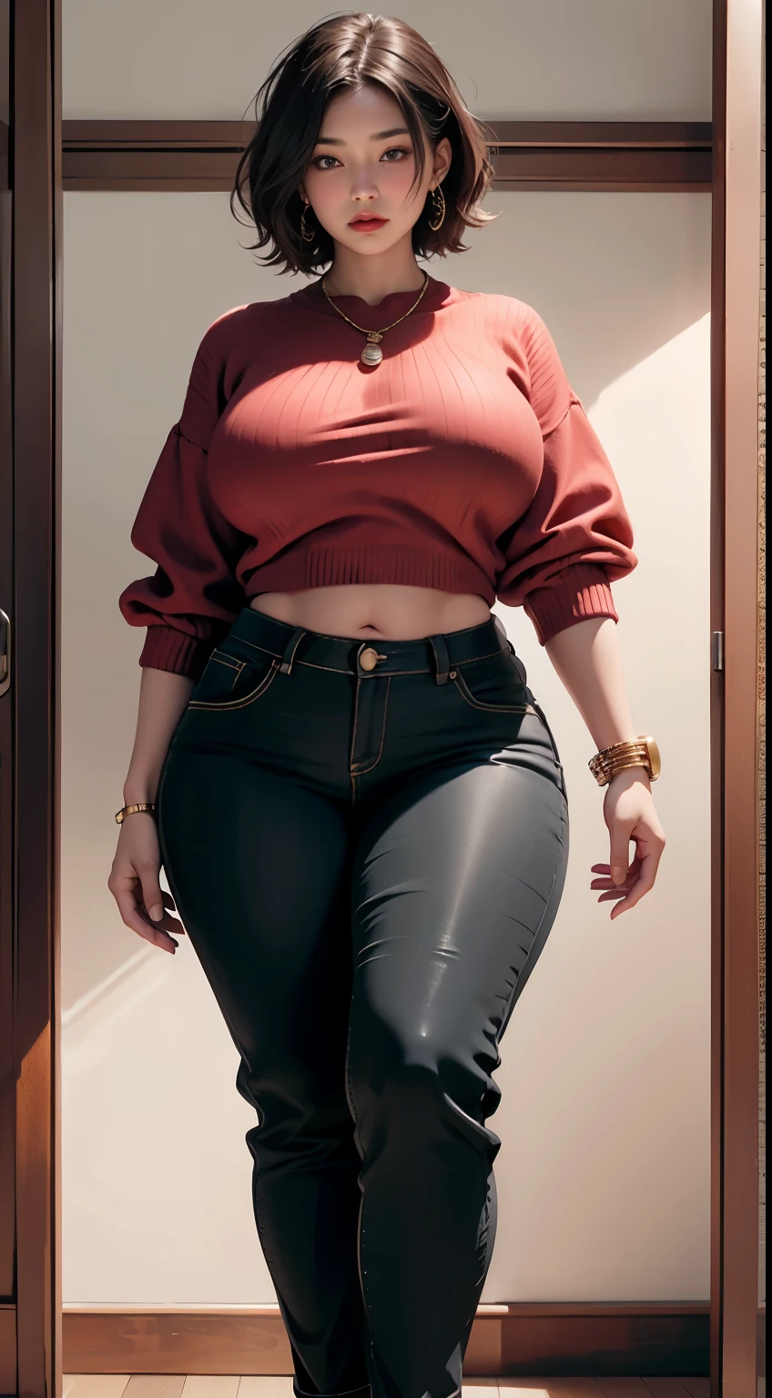 photorealistic, high resolution, soft light,1women, solo, wide hips, (detailed face),tattoo, jewelry, long sleeve sweater, red sweater, red gold hair, (closeup), wide angle,, (busty), ((huge breasts)), large breasts, full body angle, 40 years old woman , thick thighs , thick arms , standing in dark rooms, pants, wearing a three bracelet, wearing two diamond necklace , wearing a watch, wearing airmax shoes , japanese goddess, short hairstyle, fat belly, thick belly, thick hips