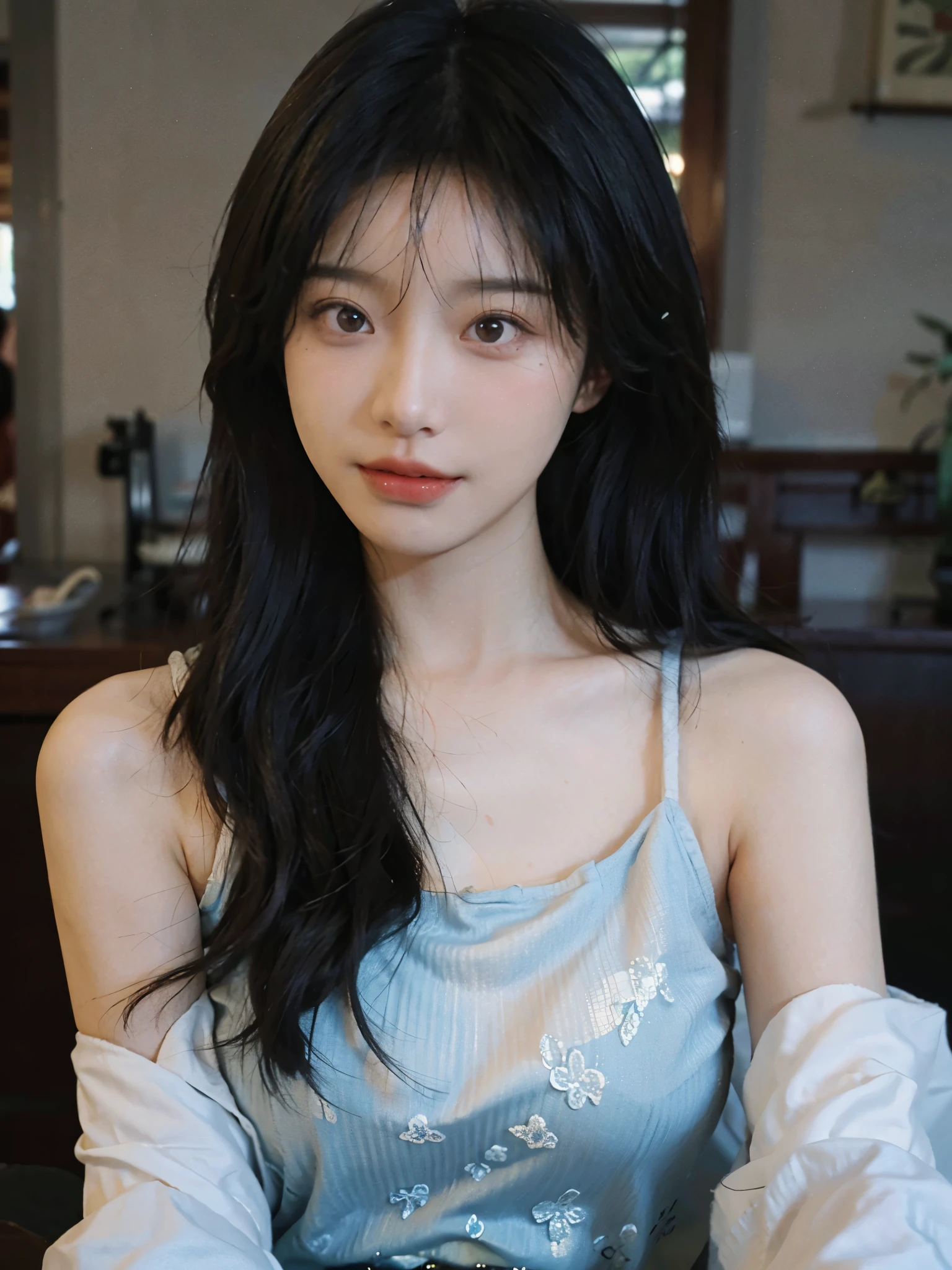 Film portrait photography, 2 girls, 2 girls,twin,bare shoulders, Shoulder length wavy hair, Snow-white cheongsam,(Realistic and detailed eyes, natural skin texture, Realistic facial details),, depth of field, Bokeh, Vibrant details, Detailed and detailed, Surrealism, 35mm film, hazy, ,Selfie,