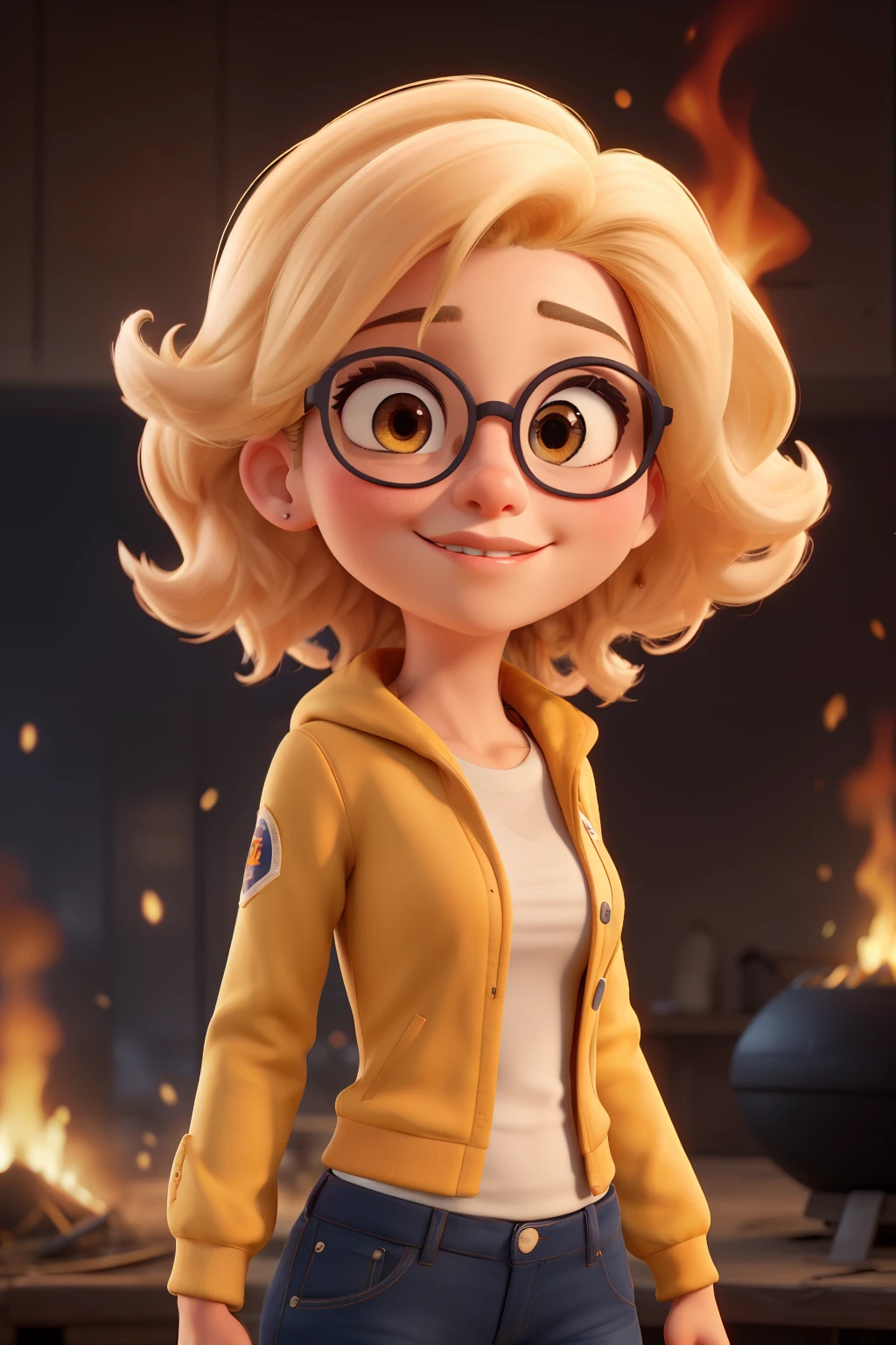 ((melhor qualidade)), ((obra de arte)), (detalhado), rosto perfeito, mulher, idade 50 anos, cabelos castanhos, olhos castanhos, oculos redondo, uniforme  amarelo de posto de combustivel 