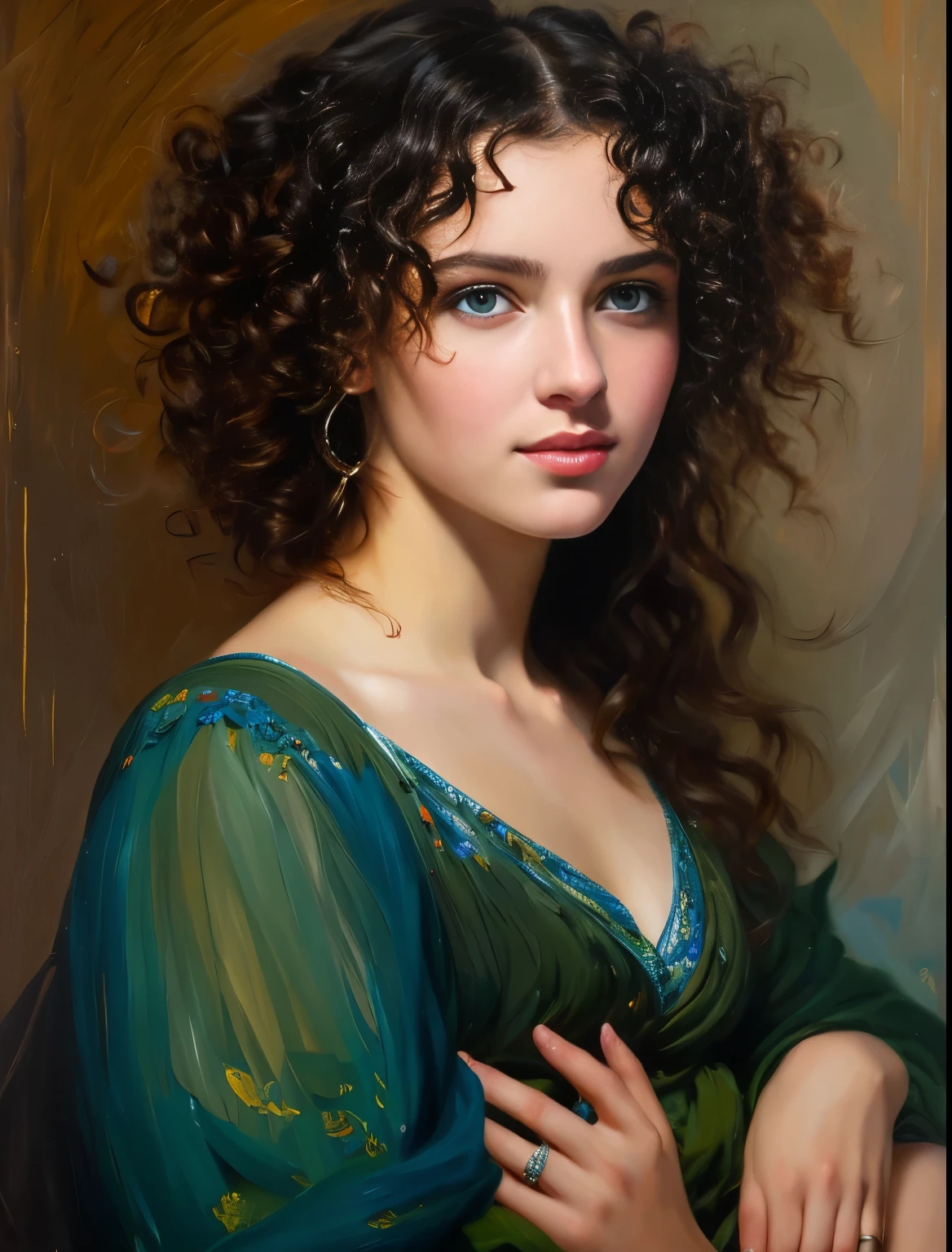Oil on canvas
Portrait
Young woman
Andrey atroshenko style
Painting
Traditional media
Realistic
Figurative
Fine art
8K
HDR
High resolution
High detail
Focus on face
Black curls
Bright blue eyes
Olive skin