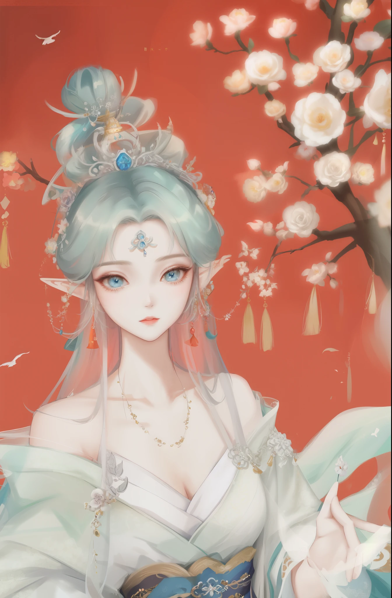 There was a woman in a skirt,holding a flower in hand, beautiful fantasy queen, ((beautiful fantasy queen)), Beautiful and elegant elf queen, palace , A girl wearing Hanfu, Ancient Chinese princess, Queen of the Sea Mu Yanling, Inspired by Lan Ying, xianxia fantasy, 8k high quality detailed art, goddess. extremely high detail