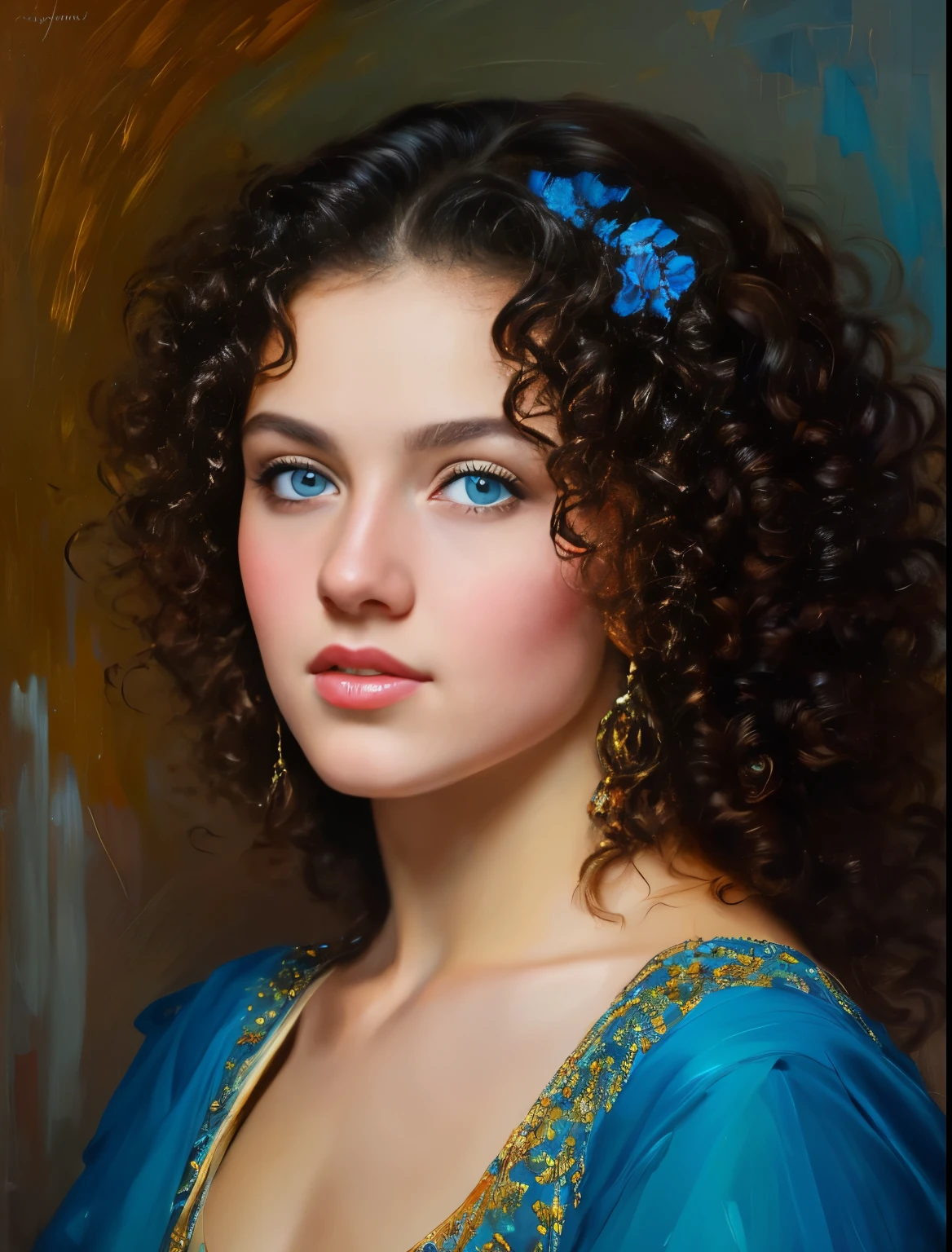 Oil on canvas
Portrait
Young woman
Andrey atroshenko style
Painting
Traditional media
Realistic
Figurative
Fine art
8K
HDR
High resolution
High detail
Focus on face
Black curls
Bright blue eyes
Olive skin