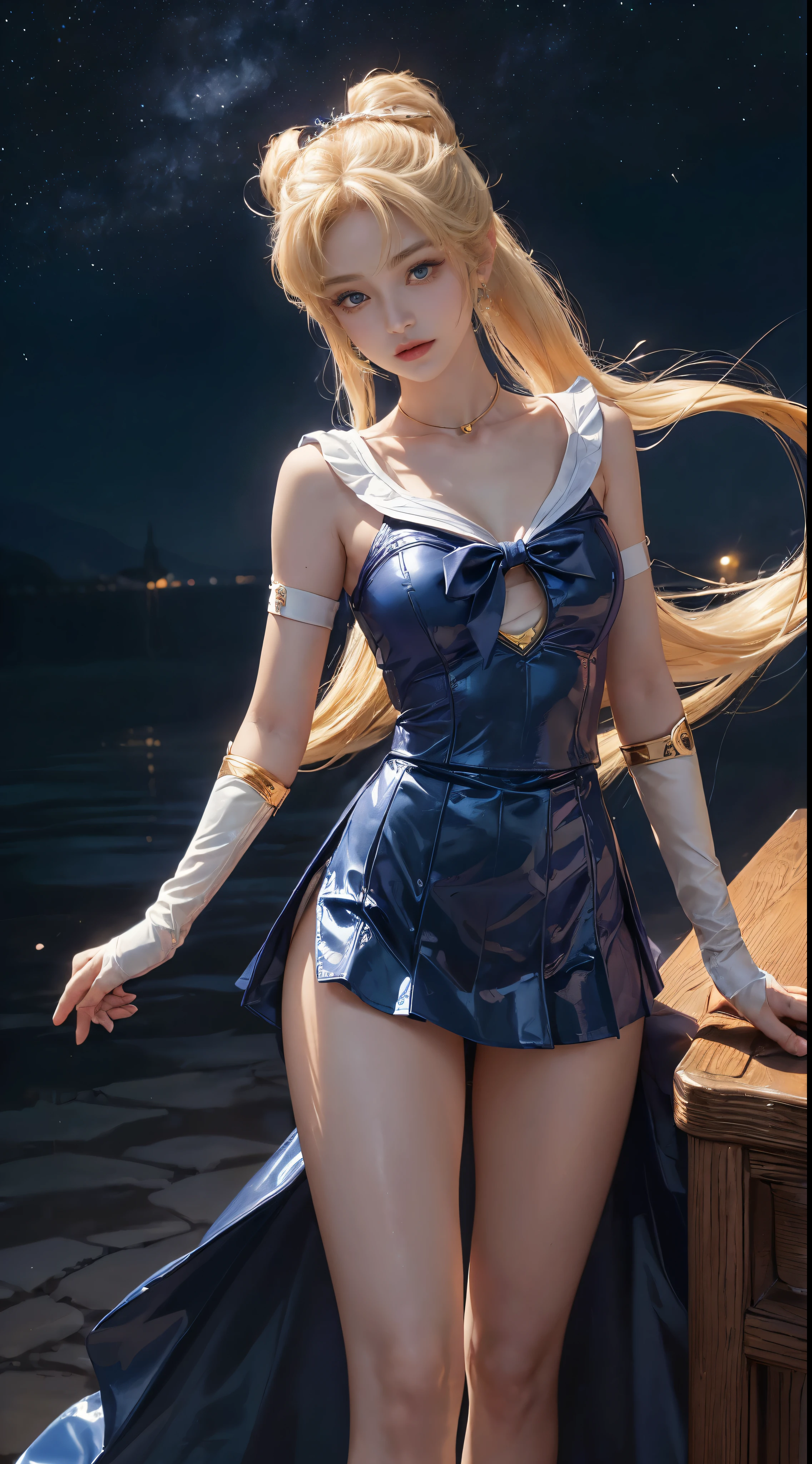 NSFW,table top、full:1.3、stand、8k、。.3D、realistic、super micro photography、highest quality、Highly detailed CG unity 8k wallpapers、from below、intricate details、(1 female)、28 years old、(sailor moon:1.6 Super Bishoujo Senshi sailor moon Mer1、Nether Warm Wind,land、sailor warrior uniform Sailor:1.5、sailor moon:1.5,Eternal sailor moon)、(Incredibly long and bright blonde pigtails:1.4、thin and very long straight twin tail blonde, bun hair、bun hair用の赤い丸い髪飾り)、((sailor warrior uniform、blue,blue sailor collar,blue prayer miniskirt:1.5、Glossy blue pleated mini skirt:1.3、big red ribbon on the chest,,,,,、white long latex gloves,red gloves on the elbows、A gorgeous golden tiara on the forehead、ear nipple rings,Gorgeous Golden Jewels))、Extremely thin and fitted high gloss white holographic leather、High-gloss white latex high-leg swimsuit that shines like oil,(facial details:1.5、bright blue eyes、Beautifull expression、beautidfull eyes、Iris overview, shining eyes、thin唇:1.5、thin and sharp pale eyebrows,、long and thick eyelashes、double eyelashes、thin, thin and muscular,,,、small face、tall and big breasts、perfect proportions、big breasts thin waist、sexy model posing、dynamic pose,visible pores、enchanting smile、perfect hands:1.5、octane rendering、very dramatic picture、(moonの神性,space background、moon明かりの光線、moon、dynamic background、exquisite light and shadow、dynamic angle、detailed background),strong natural light、sunlight、Digital single-lens reflex camera、sharp focus: 1.0、maximum clarity and sharpness