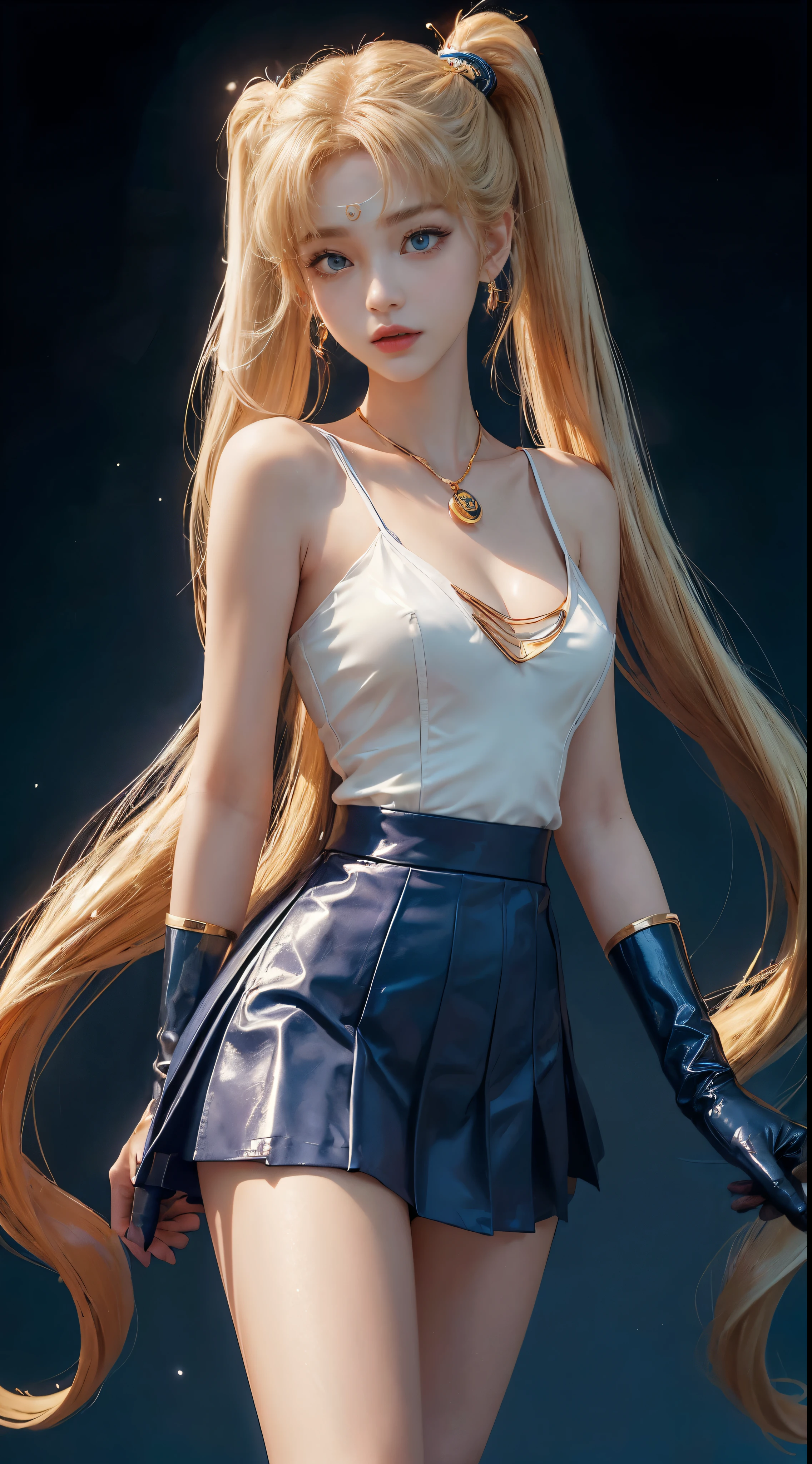NSFW,table top、full:1.3、stand、8k、。.3D、realistic、super micro photography、highest quality、Highly detailed CG unity 8k wallpapers、from below、intricate details、(1 female)、28 years old、(sailor moon:1.6 Super Bishoujo Senshi sailor moon Mer1、Nether Warm Wind,land、sailor warrior uniform Sailor:1.5、sailor moon:1.5,Eternal sailor moon)、(Incredibly long and bright blonde pigtails:1.4、thin and very long straight twin tail blonde, bun hair、bun hair用の赤い丸い髪飾り)、((sailor warrior uniform、blue,blue sailor collar,blue prayer miniskirt:1.5、Glossy blue pleated mini skirt:1.3、big red ribbon on the chest,,,,,、white long latex gloves,red gloves on the elbows、A gorgeous golden tiara on the forehead、ear nipple rings,Gorgeous Golden Jewels))、Extremely thin and fitted high gloss white holographic leather、High-gloss white latex high-leg swimsuit that shines like oil,(facial details:1.5、bright blue eyes、Beautifull expression、beautidfull eyes、Iris overview, shining eyes、thin唇:1.5、thin and sharp pale eyebrows,、long and thick eyelashes、double eyelashes、thin, thin and muscular,,,、small face、tall and big breasts、perfect proportions、big breasts thin waist、sexy model posing、dynamic pose,visible pores、enchanting smile、perfect hands:1.5、octane rendering、very dramatic picture、(moonの神性,space background、moon明かりの光線、moon、dynamic background、exquisite light and shadow、dynamic angle、detailed background),strong natural light、sunlight、Digital single-lens reflex camera、sharp focus: 1.0、maximum clarity and sharpness