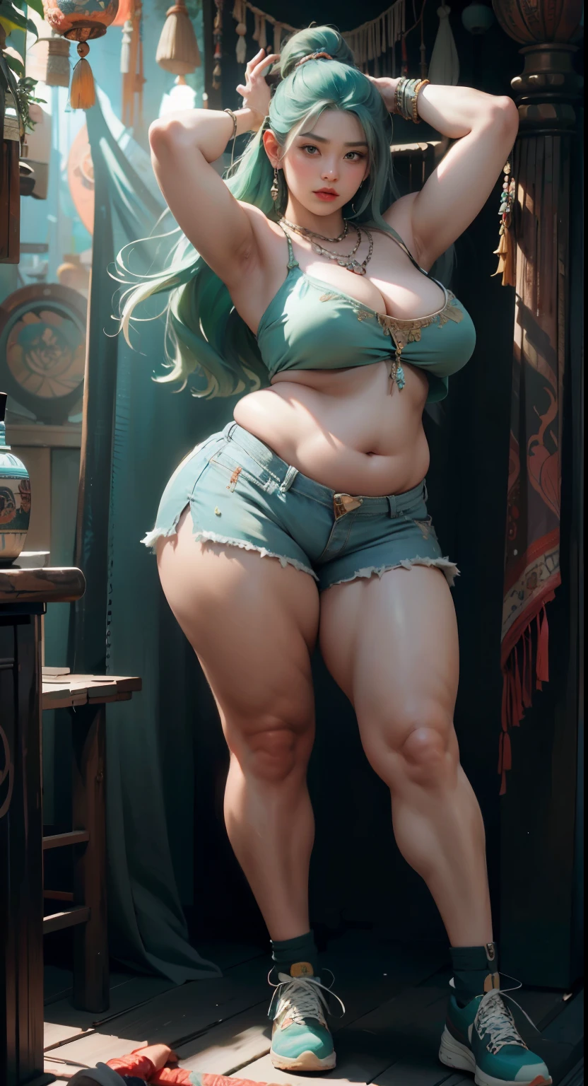 photorealistic, high resolution, soft light,1women, solo, wide hips, (detailed face),tattoo, jewelry, , , blue and green hair Color , (closeup), wide angle,, (busty), armpit , Slightly fat belly, large breasts, full body angle, 40 years old woman , thick thighs , thick arms , standing in dark rooms, short pants, wearing a three bracelet, wearing two diamond necklace , wearing a watch, wearing airmax shoes , japanese goddess, wavyshort hairstyle, fat belly, thick fat belly, thick wide hips, thick arm, bbwchan, massive arm, full body,