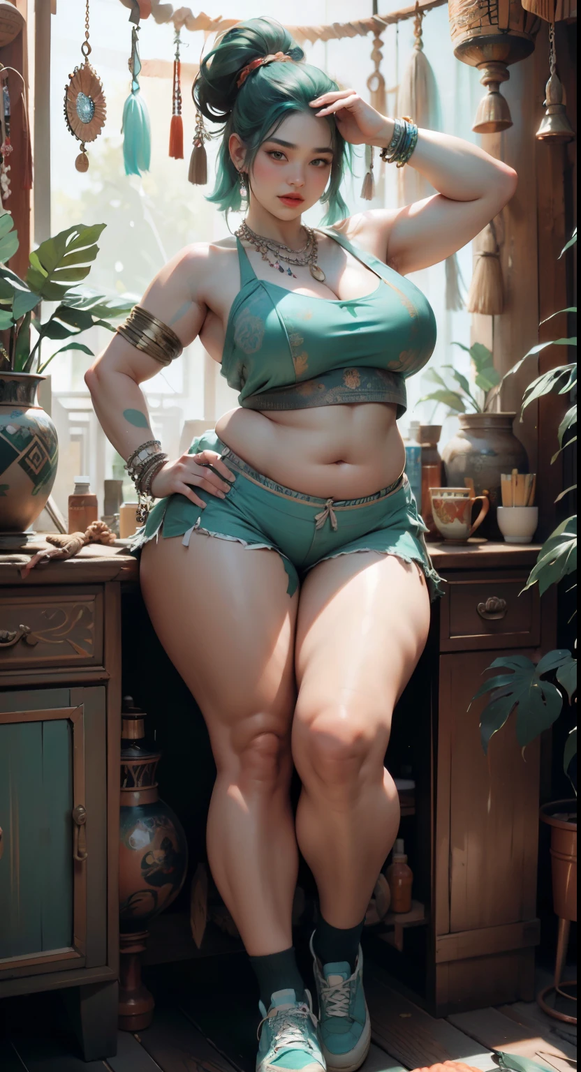 photorealistic, high resolution, soft light,1women, solo, wide hips, (detailed face),tattoo, jewelry, , , blue and green hair Color , (closeup), wide angle,, (busty), armpit , Slightly fat belly, large breasts, full body angle, 40 years old woman , thick thighs , thick arms , standing in dark rooms, short pants, wearing a three bracelet, wearing two diamond necklace , wearing a watch, wearing airmax shoes , japanese goddess, wavyshort hairstyle, fat belly, thick fat belly, thick wide hips, thick arm, bbwchan, massive arm, full body,