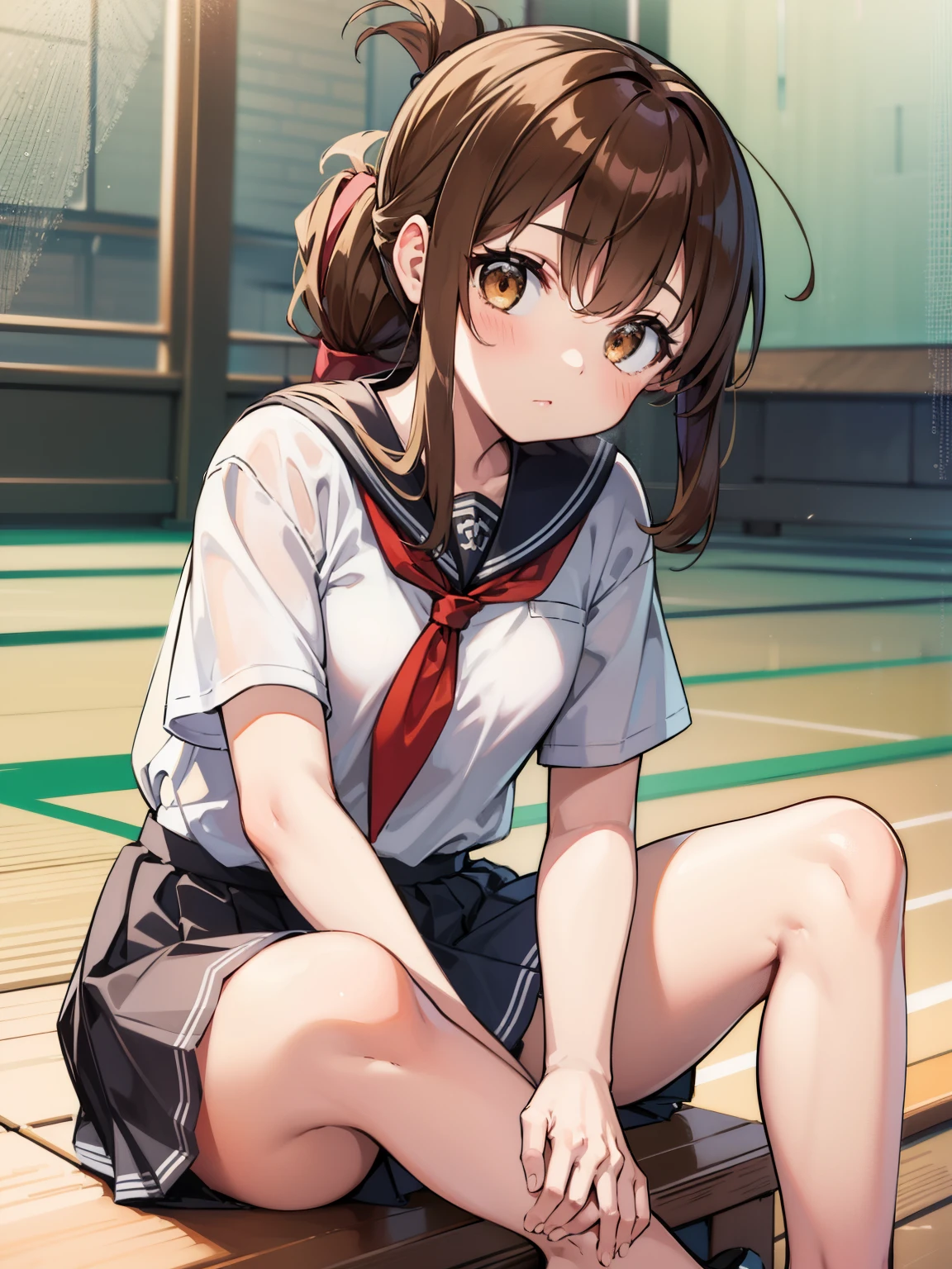 I am sitting on the floor of the school gymnasium and observing classes because I am not feeling well.,(masterpiece, best quality:1.2),illustration,8k,hd,1girl,solo,upper body,(portrait:1.2),brown_hair,folded_ponytail,brown_eyes,serafuku,long_hair,school_uniform,skirt,pleated_skirt,