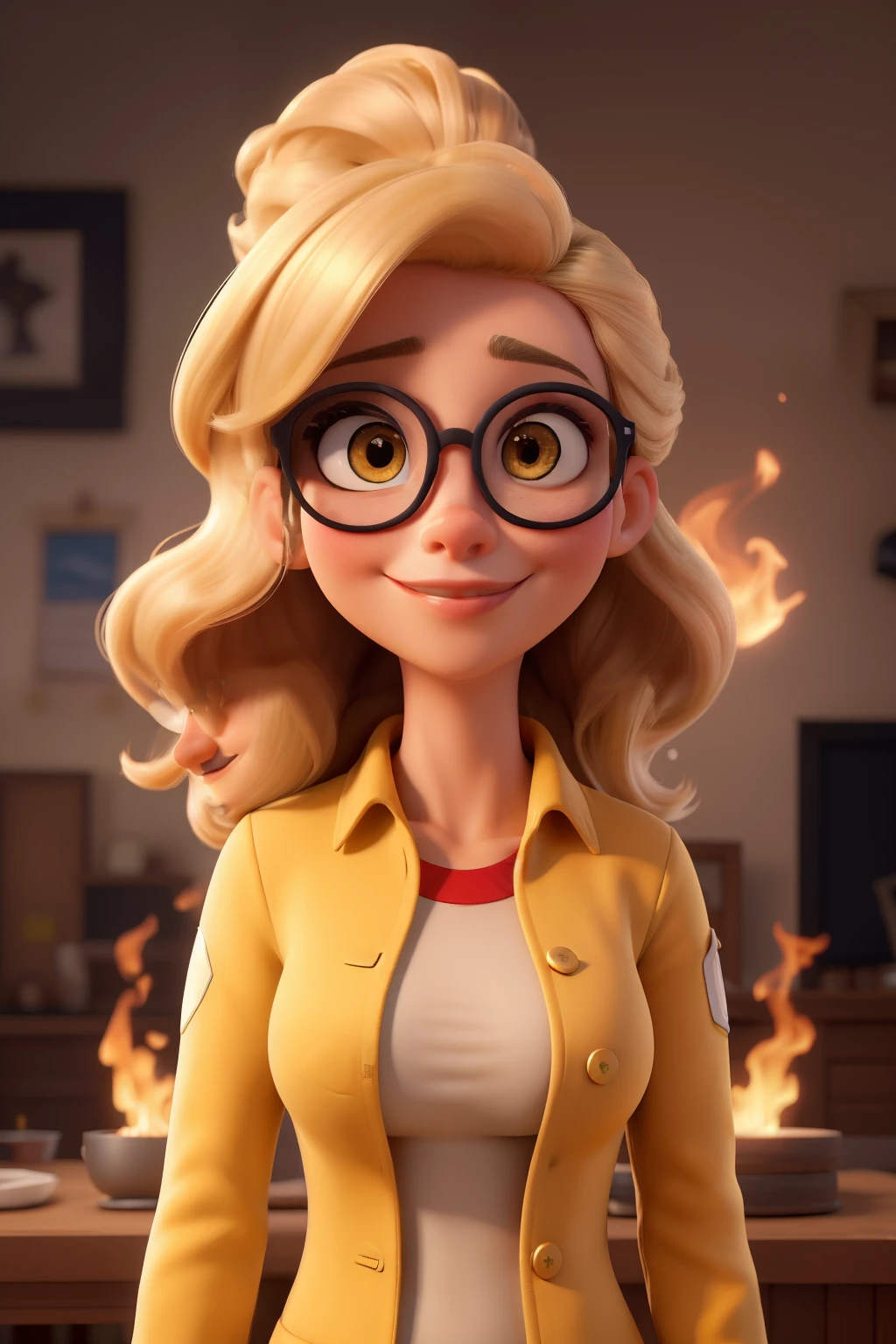 ((melhor qualidade)), ((obra de arte)), (detalhado), rosto perfeito, mulher, idade 50 anos, cabelos castanhos, olhos castanhos, oculos redondo, uniforme amarelo de posto de combustivel