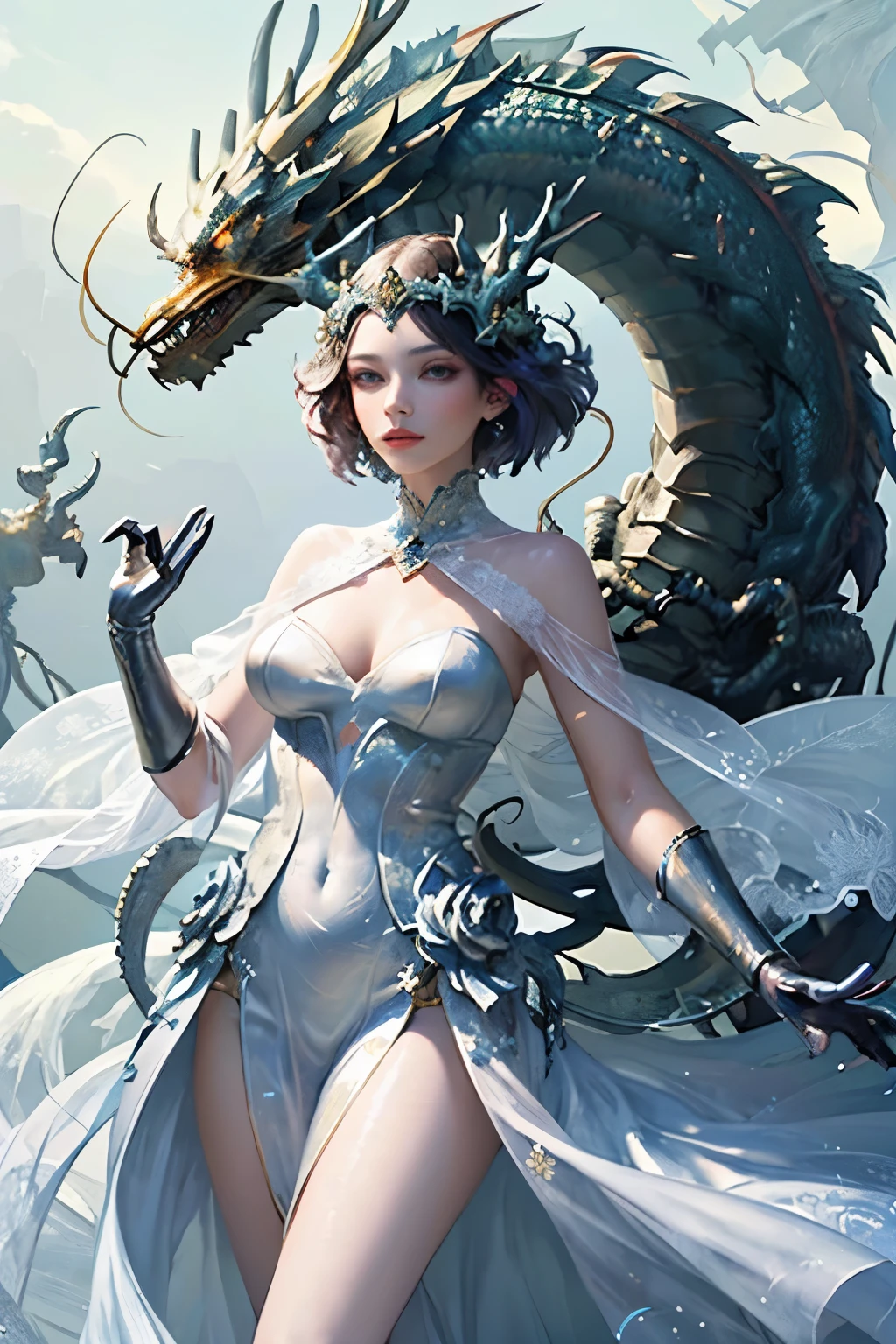 In this mesmerizing artwork, the stunning woman captivates with her flawless face adorned with a radiant smile. Her long, slender legs seem to possess an otherworldly elegance, creating a dress code that transcends the boundaries of normality and enters the realm of the extraordinary. The dragon dress she wears is a harmonious blend of white and red hues, symbolizing power and passion. As she gracefully dons a mysterious mask, her presence evokes a sense of enchantment and wonder. The intricate details of the dress give it an ethereal quality, as if it were made to soar through the skies. This artwork, created with utmost care and attention to detail, transports the viewer into a realm where fantasy and beauty intertwine.