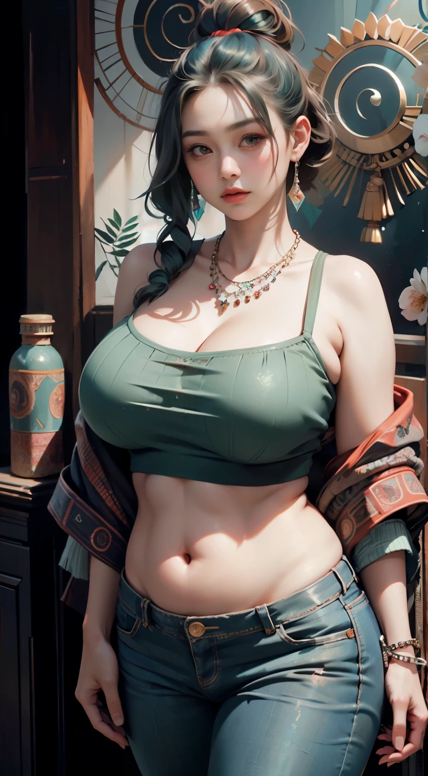 photorealistic, high resolution, soft light,1women, solo, wide hips, (detailed face),tattoo, jewelry, long sleeve sweater, red sweater, blue and green hair, (closeup), wide angle,, (busty), ((huge breasts)), large breasts, full body angle, 40 years old woman , thick thighs , thick arms , standing in dark rooms, pants, wearing a three bracelet, wearing two diamond necklace , wearing a watch, wearing airmax shoes , japanese goddess, wavyshort hairstyle, fat belly, thick belly, thick hips, thick arm, bbwchan 