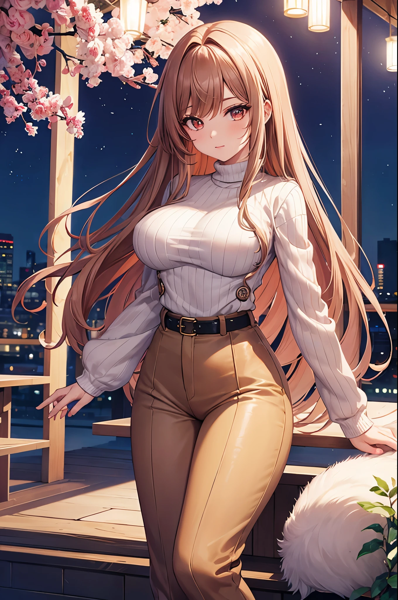 Game , goddess of victory nikke, Rapi , light brown hair,  alluring eyes ,beautiful face , crystal red eyes ,  long hair ,sweater shirt, cream colour shirt, trousers, cheerful eyes, ,g cup breast, slender waist, bewitching thighs, bare feet, five fingers each hand, two hand ,two leg , in town, date, hunch over, standing, beautiful, high heels, night life