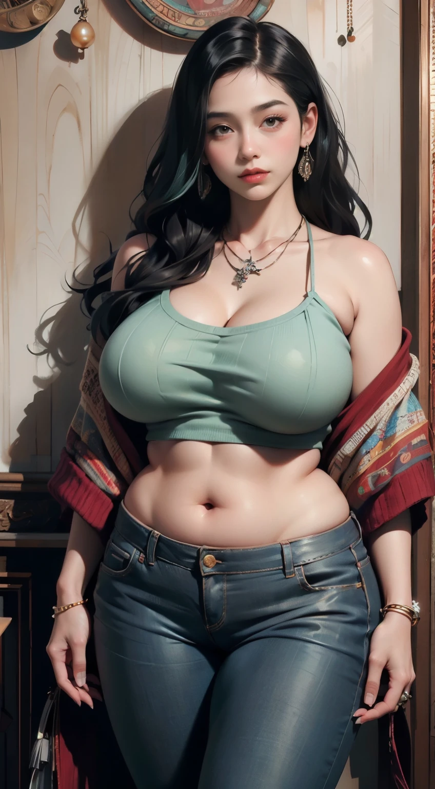 photorealistic, high resolution, soft light,1women, solo, wide hips, (detailed face),tattoo, jewelry, long sleeve sweater, red sweater, blue and green hair, (closeup), wide angle,, (busty), ((huge breasts)), large breasts, full body angle, 40 years old woman , thick thighs , thick arms , standing in dark rooms, pants, wearing a three bracelet, wearing two diamond necklace , wearing a watch, wearing airmax shoes , japanese goddess, wavyshort hairstyle, fat belly, thick belly, thick hips, thick arm, bbwchan 