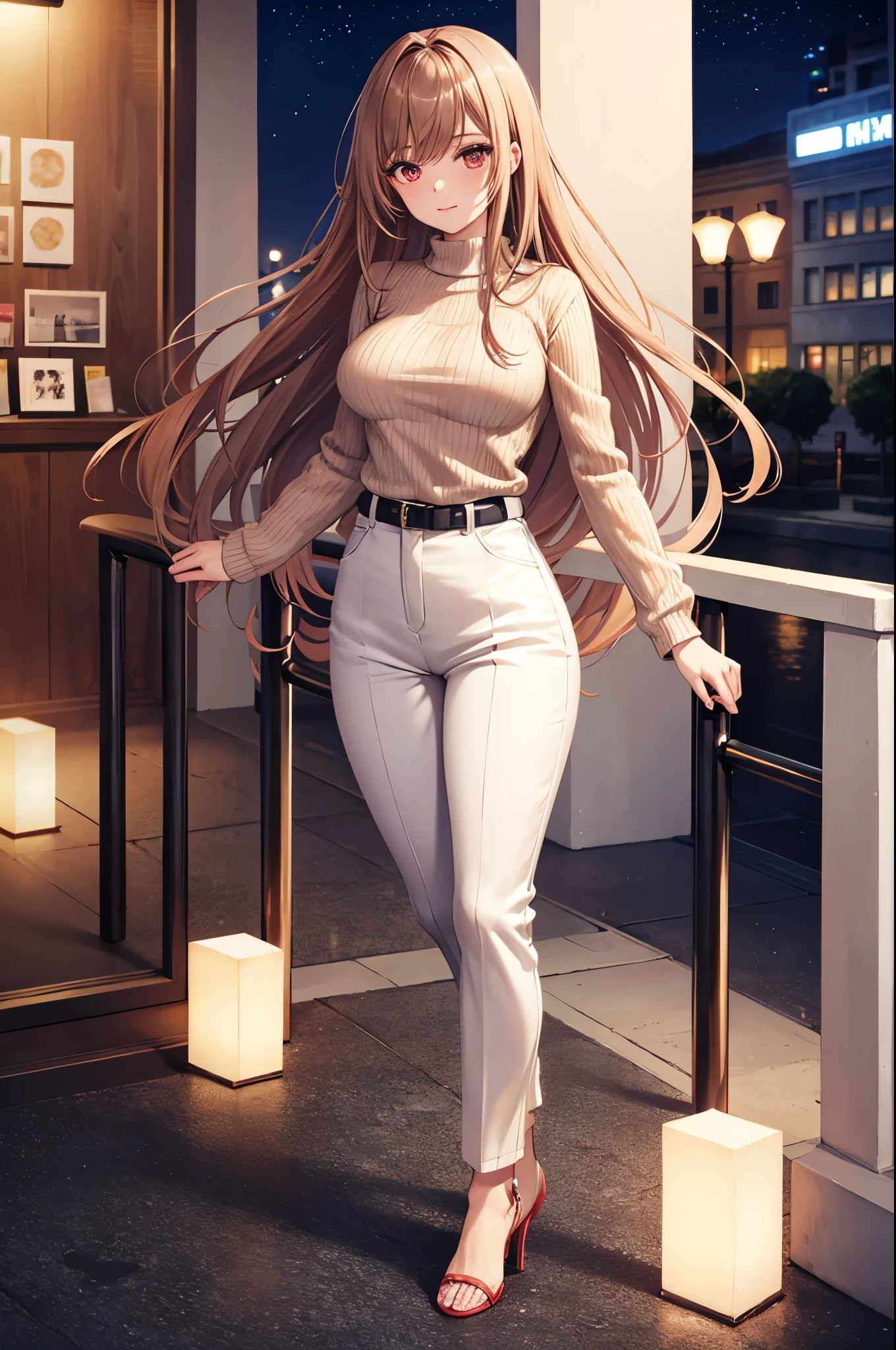 Game , goddess of victory nikke, Rapi , light brown hair, alluring eyes ,beautiful face , crystal red eyes , long hair ,sweater shirt, cream colour shirt, trousers, cheerful eyes, ,g cup breast, slender waist, bewitching thighs, bare feet, five fingers each hand, two hand ,two leg , in town, date, hunch over, standing, beautiful, high heels, night life
