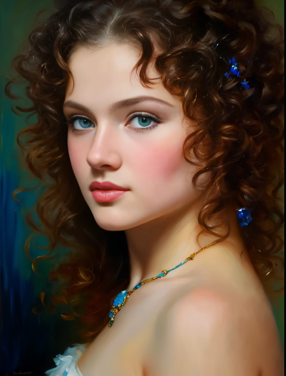 Oil on canvas
Portrait
Young woman
Andrey atroshenko style
Painting
Traditional media
Realistic
Figurative
Fine art
8K
HDR
High resolution
High detail 
Focus on face
Black curls
Bright blue eyes
Olive skin