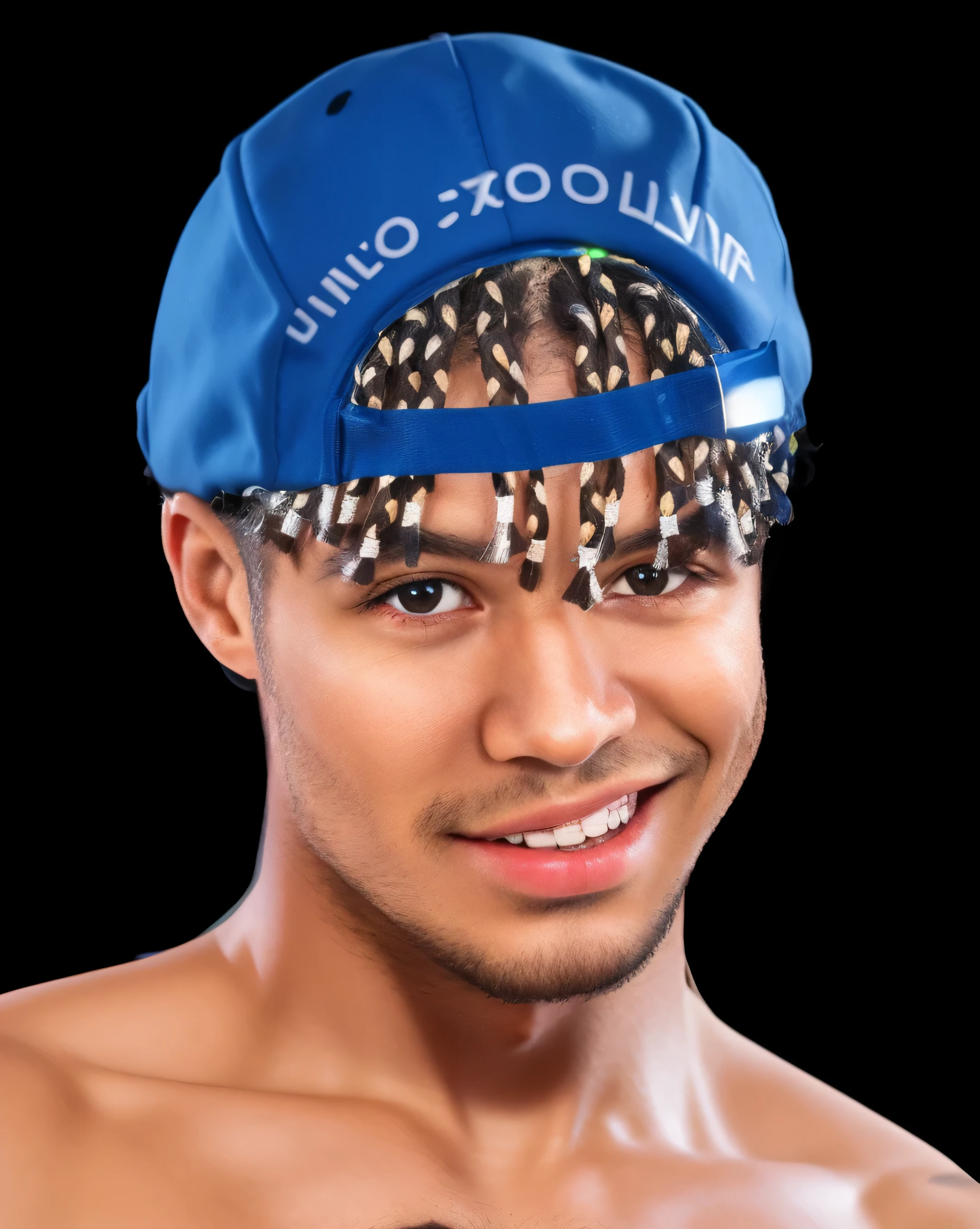 arafed man with a blue baceball hat, male with no shirt,  a black skin man, afroamerican man, handsome hip hop young black man, digital art, detailed digital art, beautiful light, reflective, best quality, 4k, masterpiece:1.2, ultra-detailed, realistic, vivid colors, The image of the highest quality, ensuring every detail showcased perfectly. It in 4k resolution, allowing viewers to immerse themselves in the richness of the colors and intricate details. The realistic rendering. reflecting, high-resolution image, realistic rendering, rim light, multiple light sources, rim light, sharp post effects render, (glossy metallic texture with multiple big light probe refractions), perfect cgi, cgi art created only with gradients, smooth silhouette,