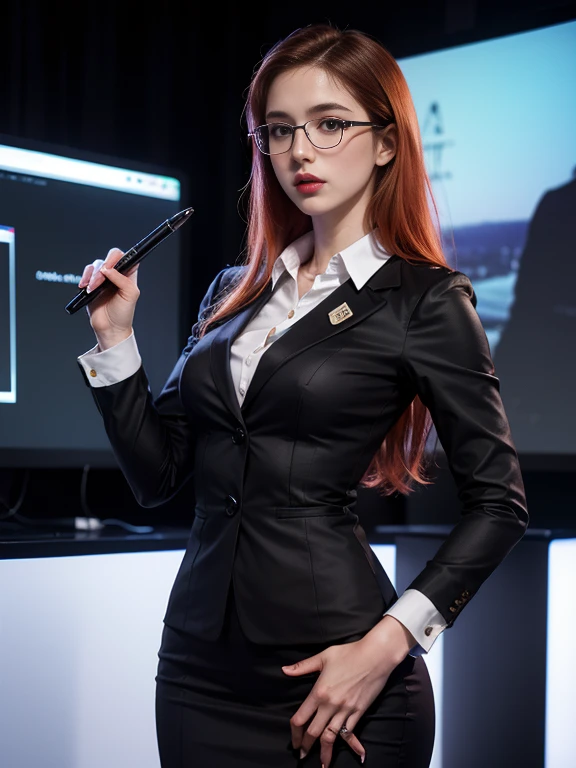 super realistic image, high quality uhd 8K, of 1 girl, detailed realistic ((slim body, high detailed)), (tall model), redhead, long ginger hair, high detailed realistic skin, ((secretary uniform)), ((tablet with electronic pen)), real vivid colors, standing