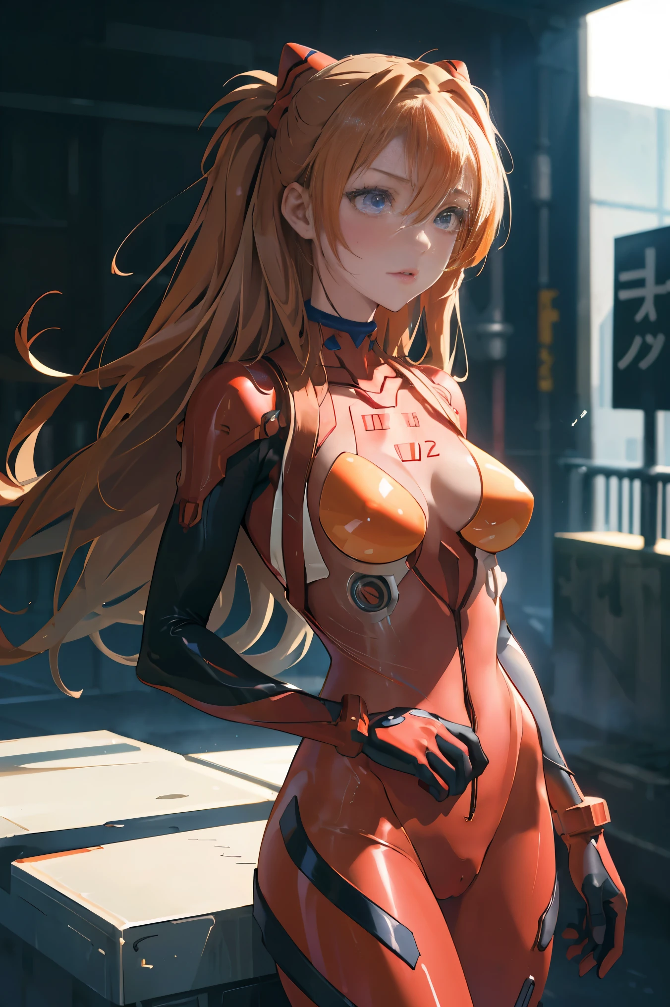 (masterpiece, best quality), 1girl, beautiful face, beautiful body, souryuu_asuka_langley, plugsuit, bodysuit, interface headset, red bodysuit, hair between eyes, pilot suit
