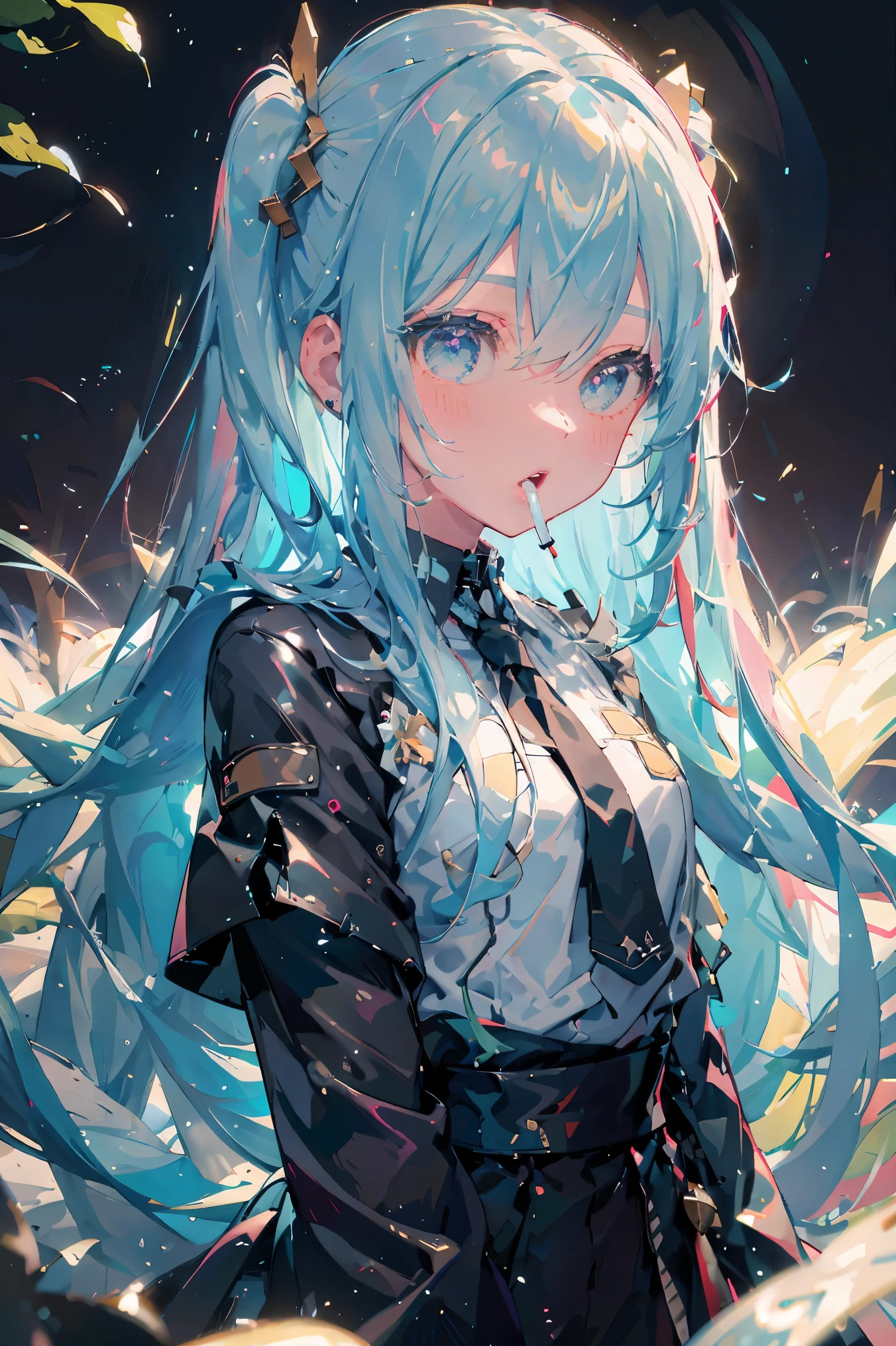 Official art, Unity 8k Wallpapers, ultra-detailliert, Beautifully Aesthetic, ​masterpiece, top-quality, realisitic, a closeup, Skindentation, interface, A detailed eye, A detailed face, detailed hairs, black backgrounds, straight-on, looking at the viewers, The sheen, Anime, looking at viewer with a cigarette in her mouth, highly detailed with reflections transparent iridescent opaque jacket, Long transparent iridescent RGB hair, 1girl in, Solo, fronds, Long hair, Blurry, Shirt,  Parted lips, Outdoors, Floating hair, Long sleeves, White shirt, Bangs, Upper body, Open mouth, tusk, Brown eyes, Wind, Winters，Yuki，snowscape，Blurry background, day, depth of fields, bug,Funeral Freelen，Freelen，White hair，Twin-tailed，