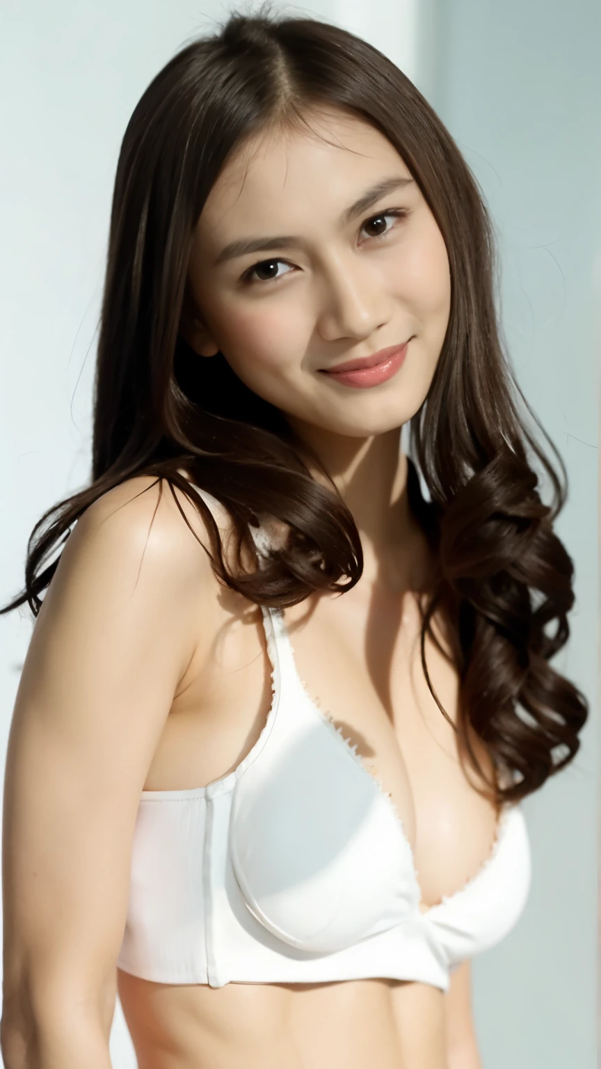 photo of a girl,  jkt48 uniform, solo focus, hand on hips, posing for a photo, (detailed face), simple white background, melodyjkt48, sexy outfit, tank top, breast holder, bra, underwear, nude, no clothes, top less