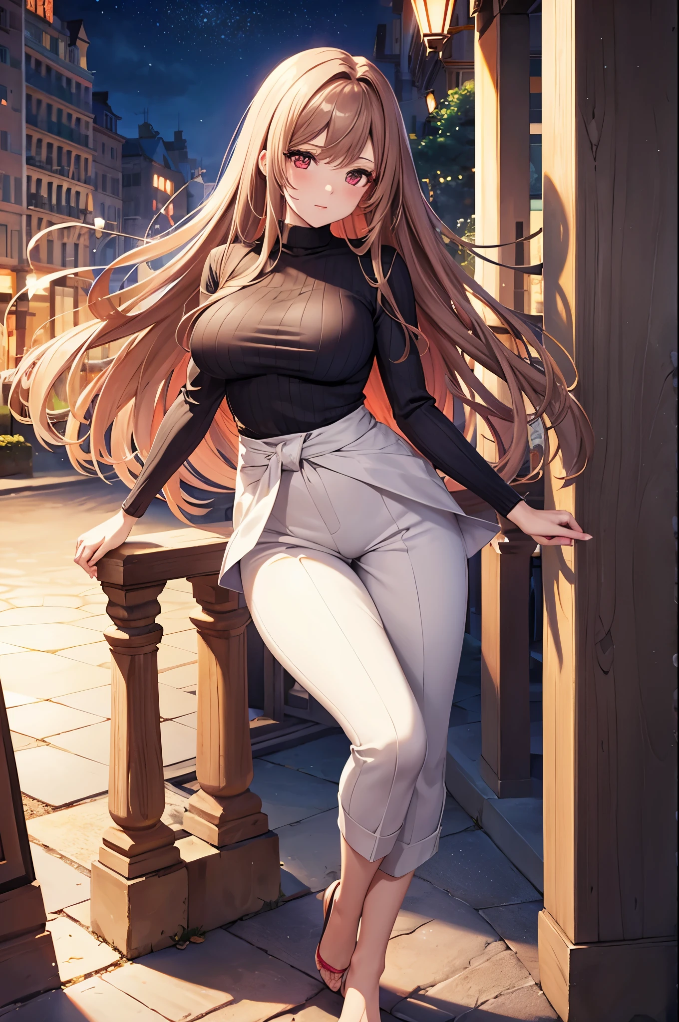 Game , goddess of victory nikke, Rapi , light brown hair,  alluring eyes ,beautiful face , crystal red eyes ,  long hair ,sweater shirt, cream colour shirt, trousers, cheerful eyes, ,g cup breast, slender waist, bewitching thighs, bare feet, five fingers each hand, two hand ,two leg , in town, date, hunch over, standing, beautiful, high heels, night life