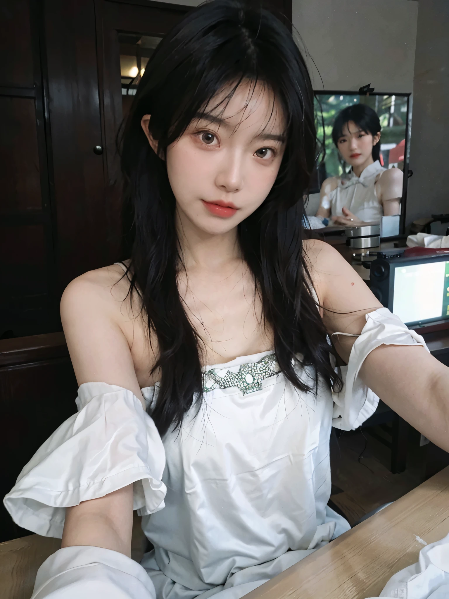 Film portrait photography, 2 girls, 2 girls,twin,bare shoulders, Shoulder length wavy hair, Snow-white cheongsam,(Realistic and detailed eyes, natural skin texture, Realistic facial details),, depth of field, Bokeh, Vibrant details, Detailed and detailed, Surrealism, 35mm film, hazy, ,Selfie,