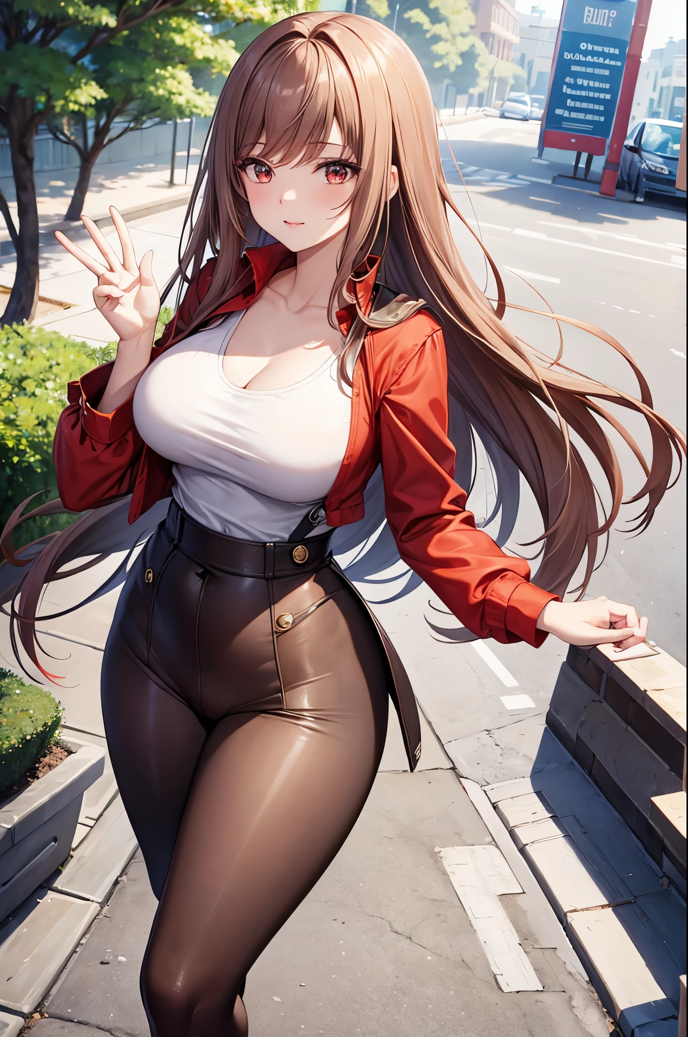 Game , goddess of victory nikke, Rapi , light brown hair,  alluring eyes ,beautiful face , crystal red eyes ,  long hair, v neck shirt , red shirt, pants leggings , cheerful eyes, ,g cup breast, slender waist, plump thighs, bare feet, five fingers each hand, two hand ,two leg , in town, date, hunch over, standing, beautiful, high heels