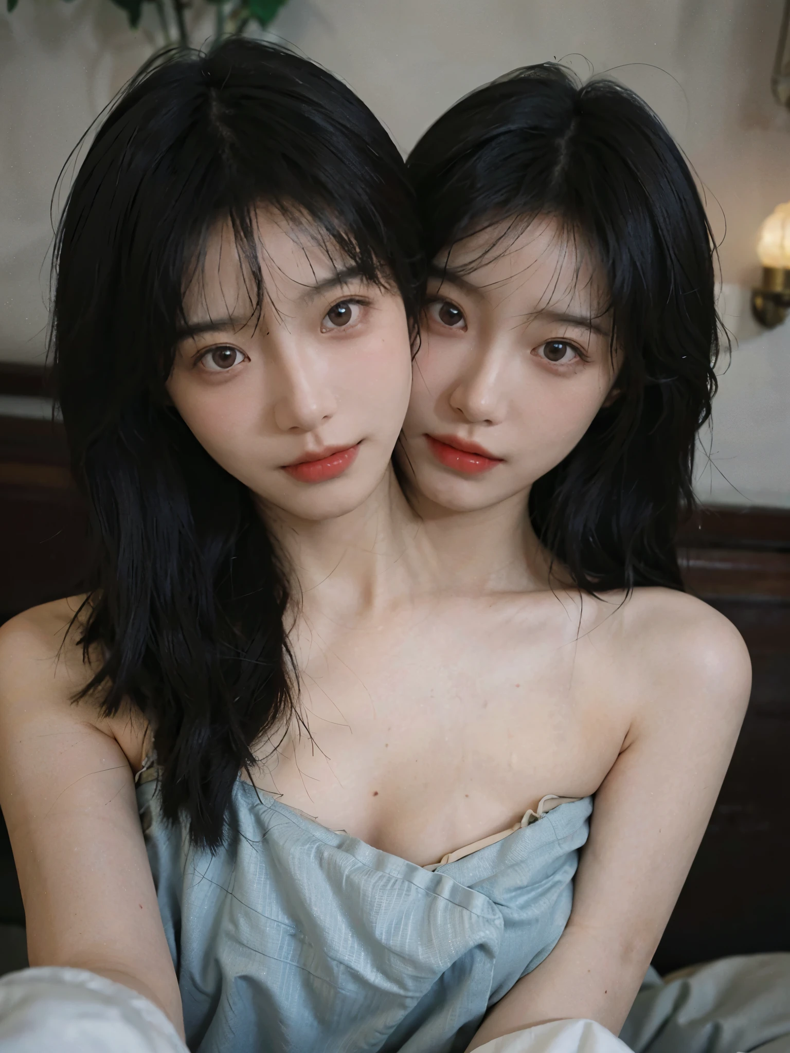 Film portrait photography, 2 girls, 2 girls，twin，bare shoulders, Shoulder length wavy hair, Snow-white cheongsam，(Realistic and detailed eyes, natural skin texture, Realistic facial details),, depth of field, Bokeh, Vibrant details, Detailed and detailed, Surrealism, 35mm film, hazy, ,Selfie，