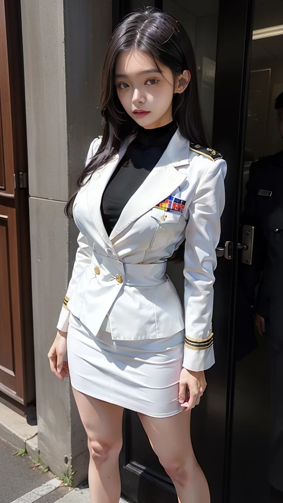 16K, ((women's suit cover, black high heels)), Beautiful girl with long hair, mature woman, perfect body, (((Starlight uniform white))), golden shoulder board, ((Outer suit covered over)), (White Shirt), (black tie), (Military rank insignia), (pencil skirtสั้นwhite), (Dynamic Post), full body, (Huge breasts, small waist, Thin, small thighs), Can see the whole body, Firm figure, (Starlight uniform), white, (pencil skirt, white), (Yard in front of the building, Democracy Monument), (High heels black, tie a necktie), Women's suit, Women's suit white