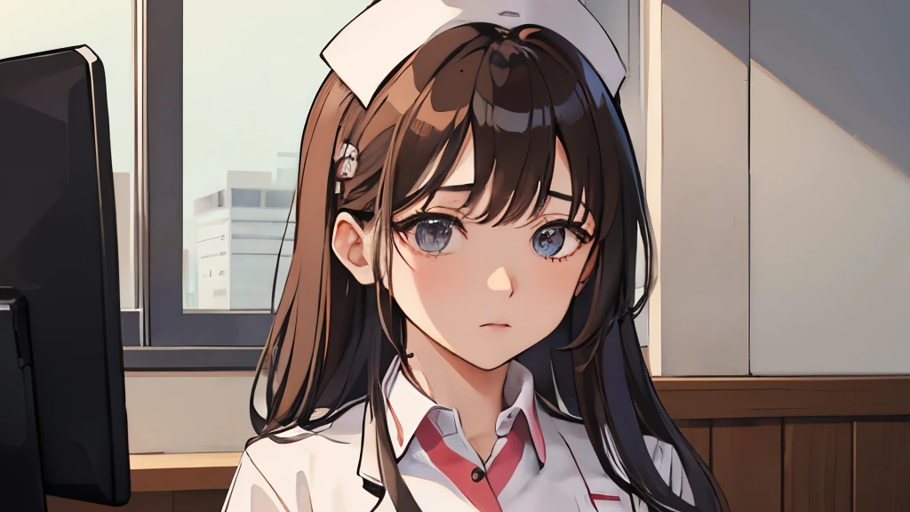 1people's women、long hair、nurse、nurse服、hair dyed brown、nurse、hospital、25old woman、Very beautiful、nurse、Elegant、Have a worried look on their faces