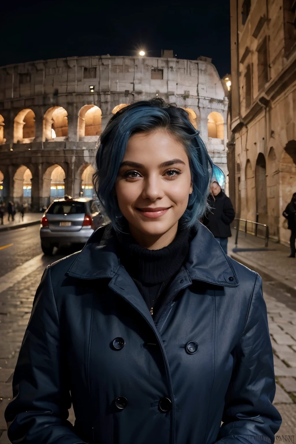 ((best quality)), ((masterpiece)), (detailed), perfect face, blue hairs, smiling, gorgeous, perfect, original haircut, magnetic eyes and smile, Rome, Colosseum, winter, coat, posing, blue hairs, looking away, walking, branded cloths, posing like a model