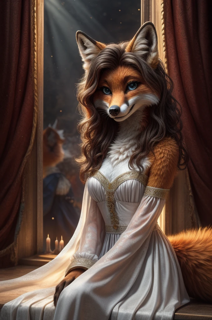 A lone girl sits with confident ease, facing her audience head-on, her warm smile beckoning. Her soft, wavy Yuert hair cascades down her shoulders, adorned with a delicate bell at the end. Her red fox tail twines gracefully around her hand, wrapped in a white ribbon. Her black gloves, fitted to her hands, add an air of mystery to her appearance. She wears a white, backless dress which features intricate fur trim, revealing her toned upper body. Her eyes, bright and expressive, draw the viewer in, captivated by her enchanting gaze. The scene is illuminated by the warm glow of soft lighting, casting a