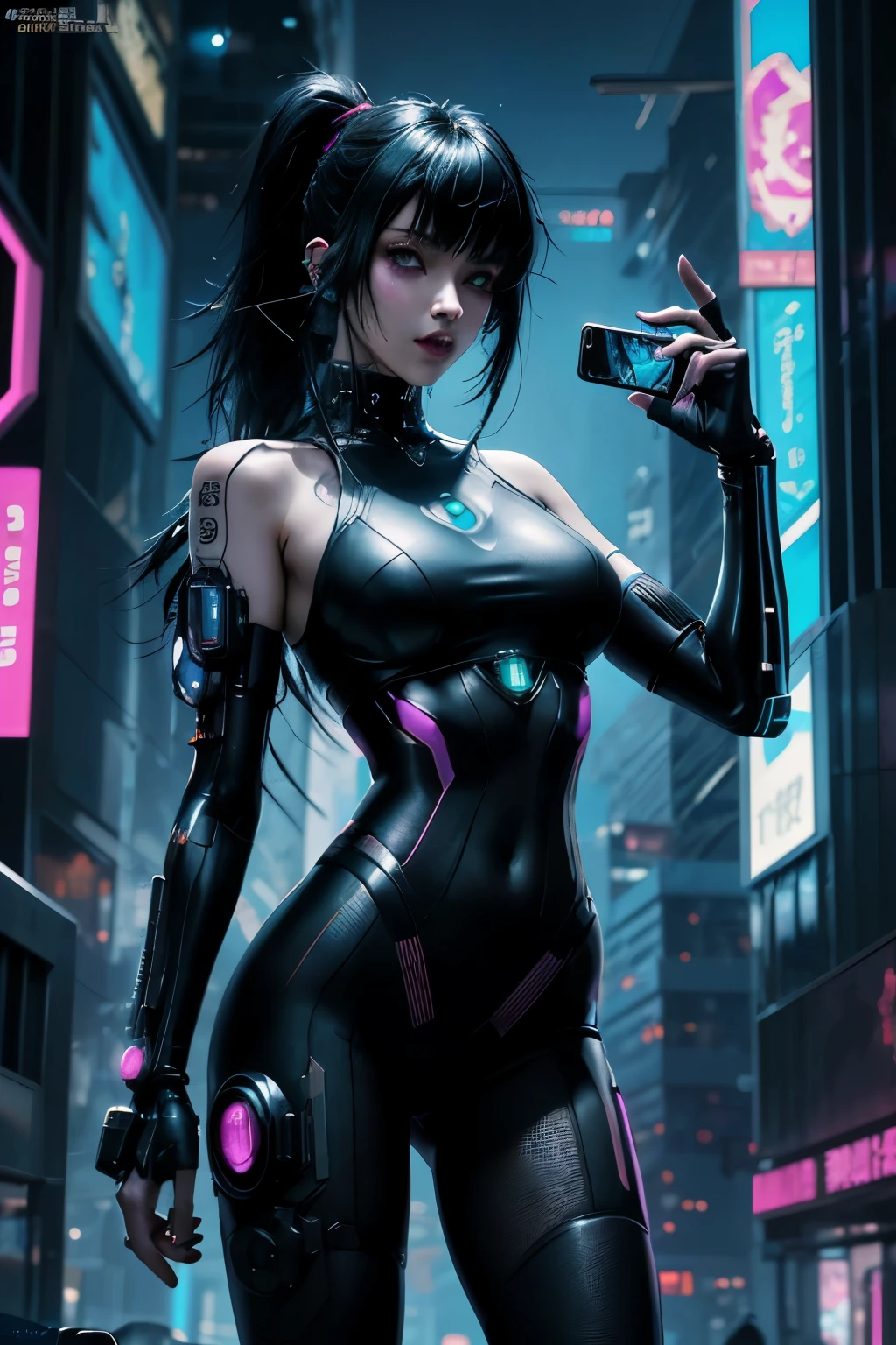 (Top Quality, 8k), Jet black haired Cyberpunk Girl, Dreamy Cyberpunk Anime Girl, Female Cyberpunk Anime model, cyberpunk 2.0 y.o. Beauty, Captivating Cyberpunk Goddess, With Cyberpunk style and Cyberpunk artstyle, Digital Cyberpunk Anime, Cyberpunk Girl in powerful pose, Ultra-detailed,
The jet black haired Cyberpunk Girl poses confidently before the mirror, holding a sleek holographic phone as she takes a selfie. Her outfit is a shining example of the Cyberpunk aesthetic – a