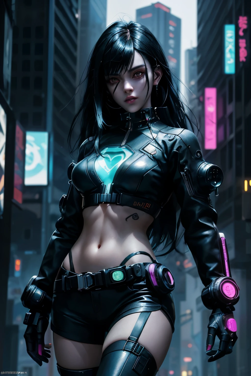 (Top Quality, 8k), Jet black haired Cyberpunk Girl, Dreamy Cyberpunk Anime Girl, Female Cyberpunk Anime model, cyberpunk 2.0 y.o. Beauty, Captivating Cyberpunk Goddess, With Cyberpunk style and Cyberpunk artstyle, Digital Cyberpunk Anime, Cyberpunk Girl in powerful pose, Ultra-detailed,
The jet black haired Cyberpunk Girl poses confidently before the mirror, holding a sleek holographic phone as she takes a selfie. Her outfit is a shining example of the Cyberpunk aesthetic – a