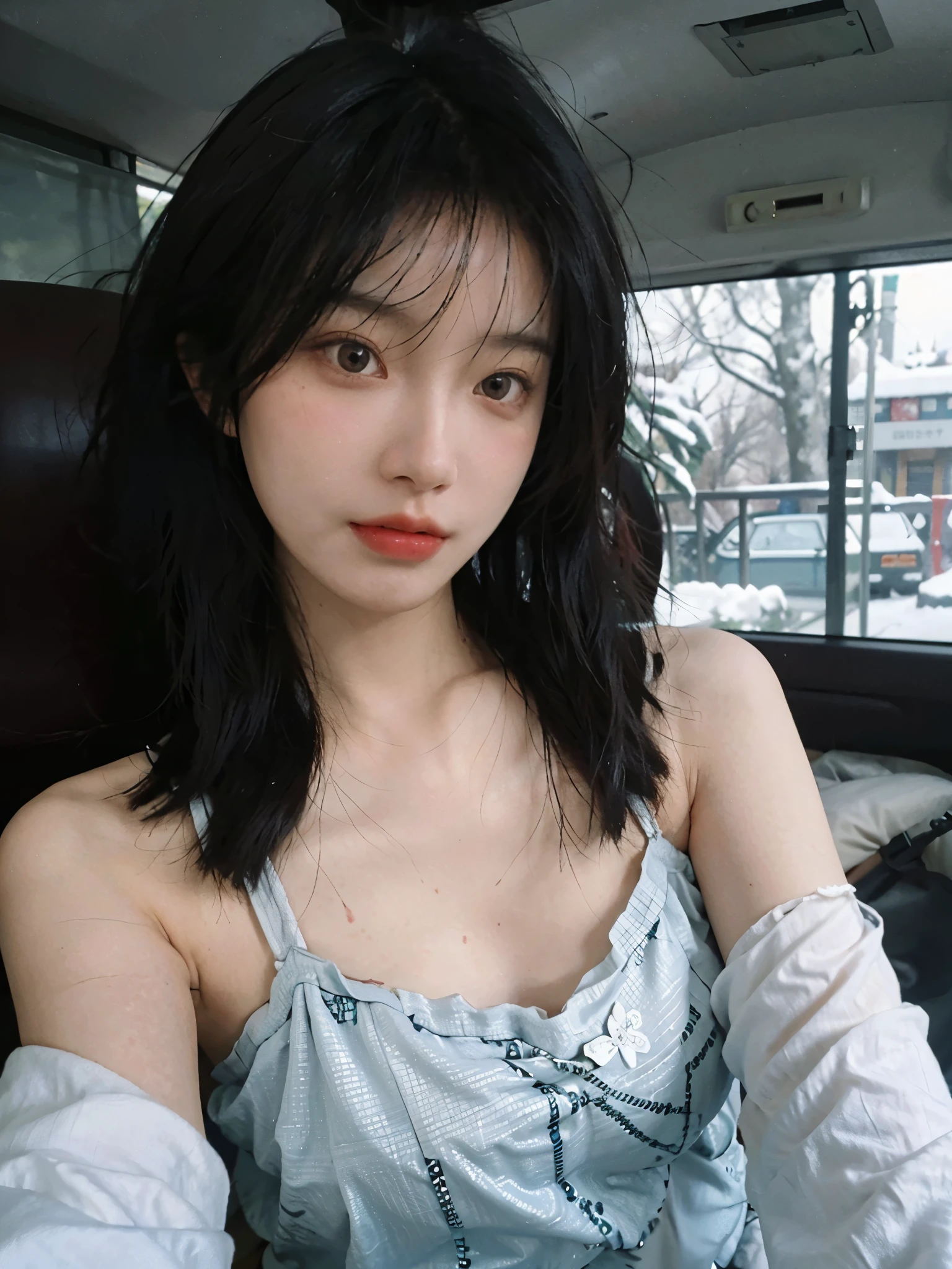 Film portrait photography, 2 girls, 2 girls,twin,bare shoulders, Shoulder length wavy hair, Snow-white cheongsam,(Realistic and detailed eyes, natural skin texture, Realistic facial details),, depth of field, Bokeh, Vibrant details, Detailed and detailed, Surrealism, 35mm film, hazy, ,Selfie,