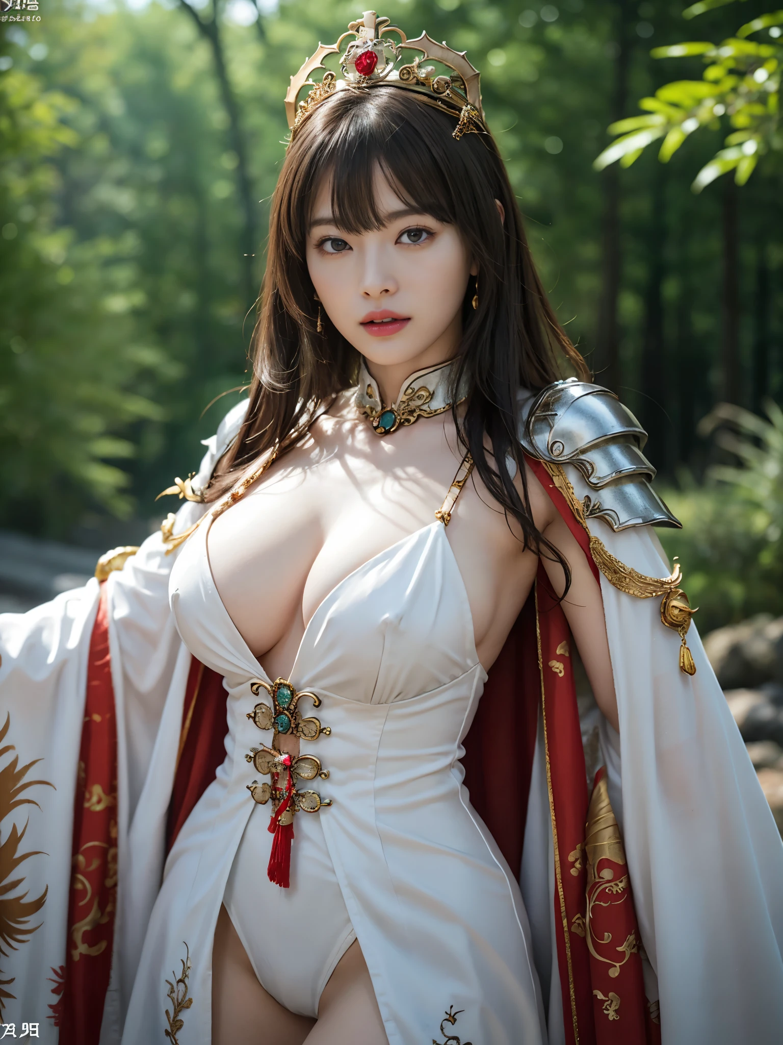 (((extremely heavy breasts)))、(Fight fiercely with dragons)、top-quality、masterpiece、超A high resolution、(White Dragon Armor)、dragon armor、(Wearing a beautiful crown made of jewels),(Photorealsitic:1.4)、Raw photo、1人、Golden hair、glowy skin、(((Chinese Dragon)))、(Gorgeous Jewelry Necklaces)、(Mystical expression)、(Fight big dragons)、With a beautiful knife、(White Metal Bodysuit)、(beautiful forest background)、Precipitous cliffs、(Small LED)、((super realistic details))、portlate、globalillumination、Shadow、octan render、(One-Eyed Scouter)、8K、ultrasharp、Colossal tits、Raw skin is exposed in cleavage、metals、Details of complex ornaments、Japan details、highly intricate detail、Realistic light、CGSoation Trends、Red Eyes、radiant eyes、Facing the camera、neon details、(Mechanical limbs)、(blood vessels connected to tubes)、Mechanical vertebrae attached to the back、mechanical cervical attaching to neck、(Wires and cables connecting to the head)、Gundam、Small LED、,Mechanical thighs、Toostock、(Hands are also made of machines)、(veils)、