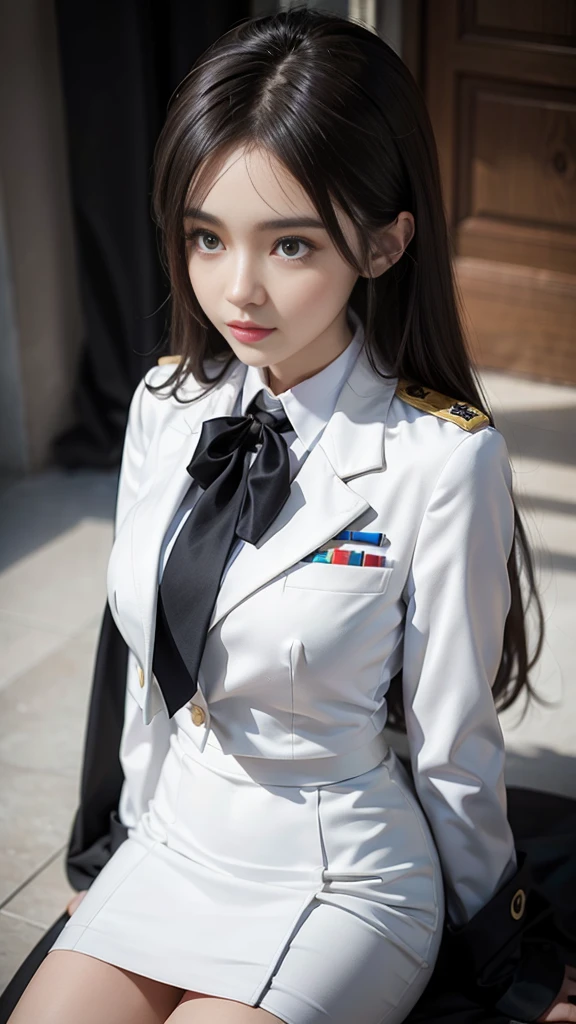16K, ((women's suit cover, black high heels)), Beautiful girl with long hair, mature woman, perfect body, (((Starlight uniform white))), golden shoulder board, ((Outer suit covered over)), (White Shirt), (black tie), (Military rank insignia), (pencil skirtสั้นwhite), (Dynamic Post), full body, (Huge breasts, small waist, Thin, small thighs), Can see the whole body, Firm figure, (Starlight uniform), white, (pencil skirt, white), (Yard in front of the building, Democracy Monument), (High heels black, tie a necktie), Women's suit, Women's suit white