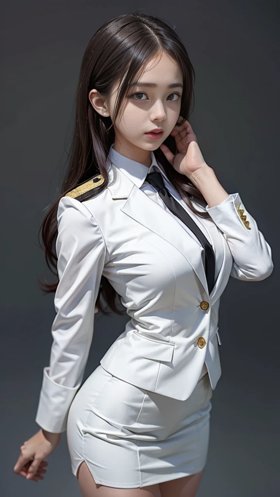 16K, ((women's suit cover, black high heels)), Beautiful girl with long hair, mature woman, perfect body, (((Starlight uniform white))), golden shoulder board, ((Outer suit covered over)), (White Shirt), (black tie), (Military rank insignia), (pencil skirtสั้นwhite), (Dynamic Post), full body, (Huge breasts, small waist, Thin, small thighs), Can see the whole body, Firm figure, (Starlight uniform), white, (pencil skirt, white), (Yard in front of the building, Democracy Monument), (High heels black, tie a necktie), Women's suit, Women's suit white